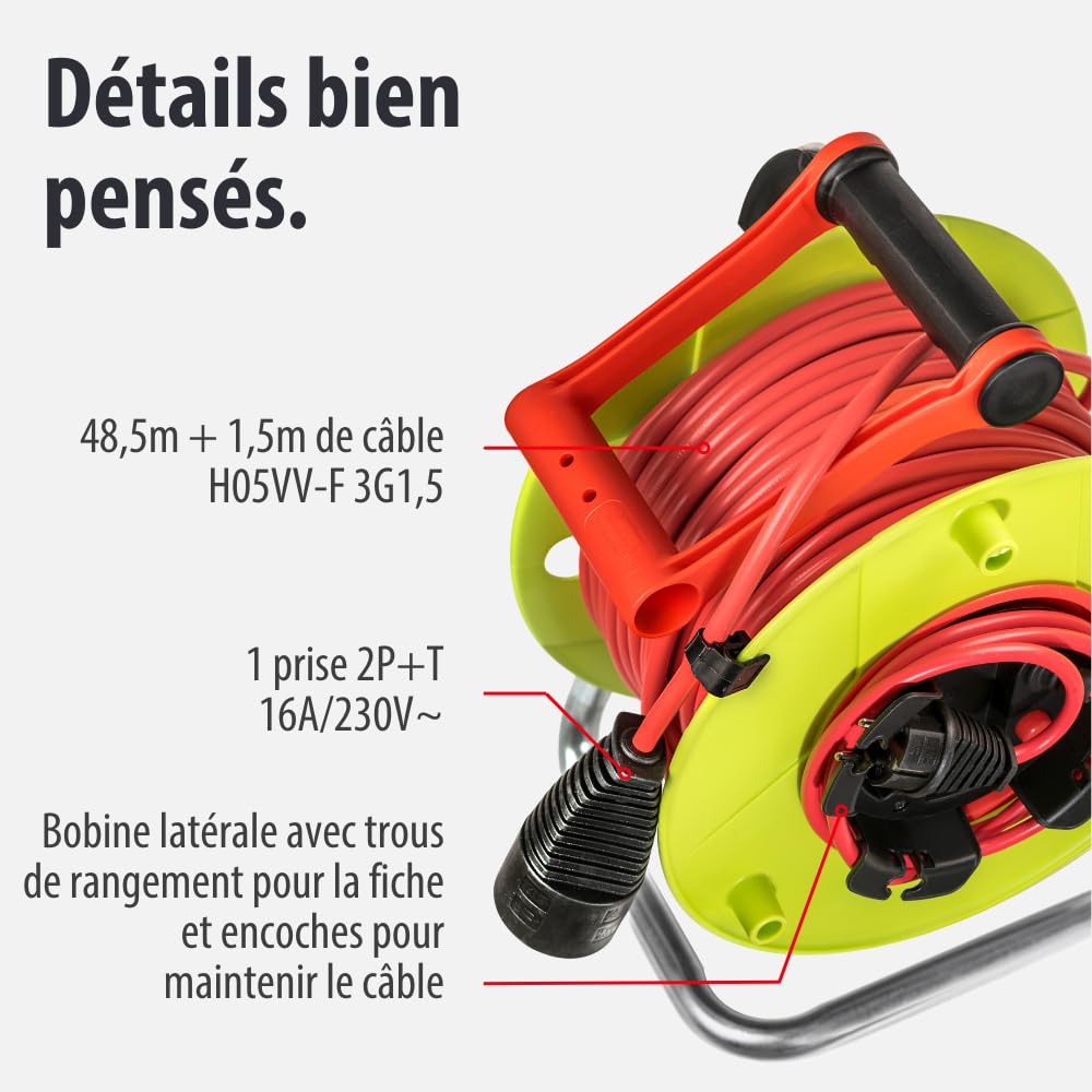 Brennenstuhl Enrouleur de câble Standard avec rallonge supplémentaire (50m de câble H05VV-F 3G1,5, utilisation temporaire en extérieur, fabriqué en France) 1180751 Vert