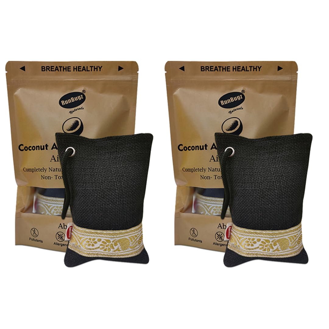 Runbugz Activated Charcoal Air Purifier for Car Bathroom Kitchen to remove Bad Smell & Moisture 100g (Black Pack of 2)