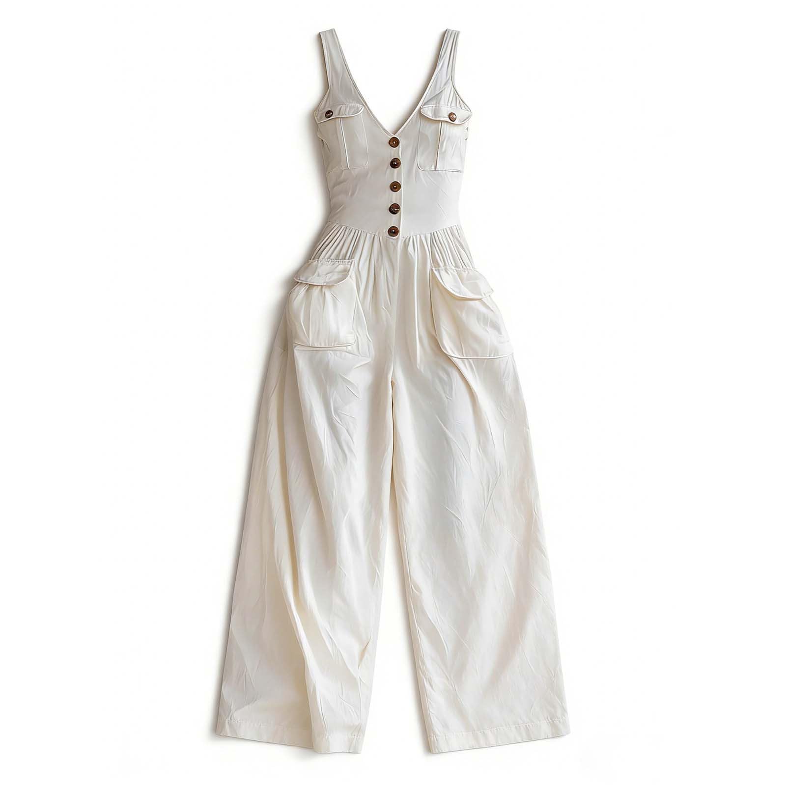 2026 Donne Button down Tute Alla Moda Scollo a V Gamba Larga Tuta con Tasche Comfort Aeroportuale Pantaloni Un Pezzo Vacanza Spiaggia