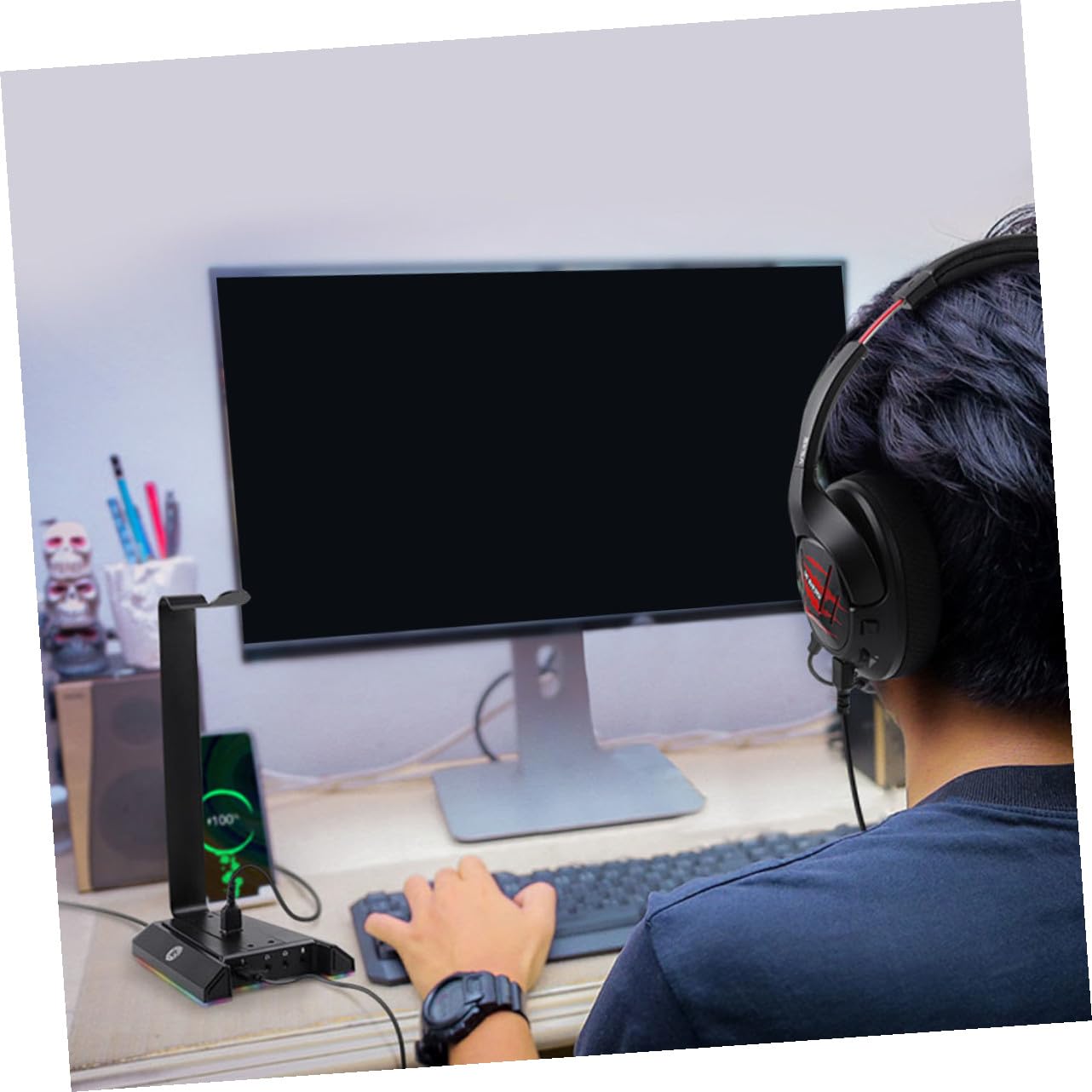Vaguelly Supporto Cuffie da Tavolo Rgb in Abs Nero per Gaming