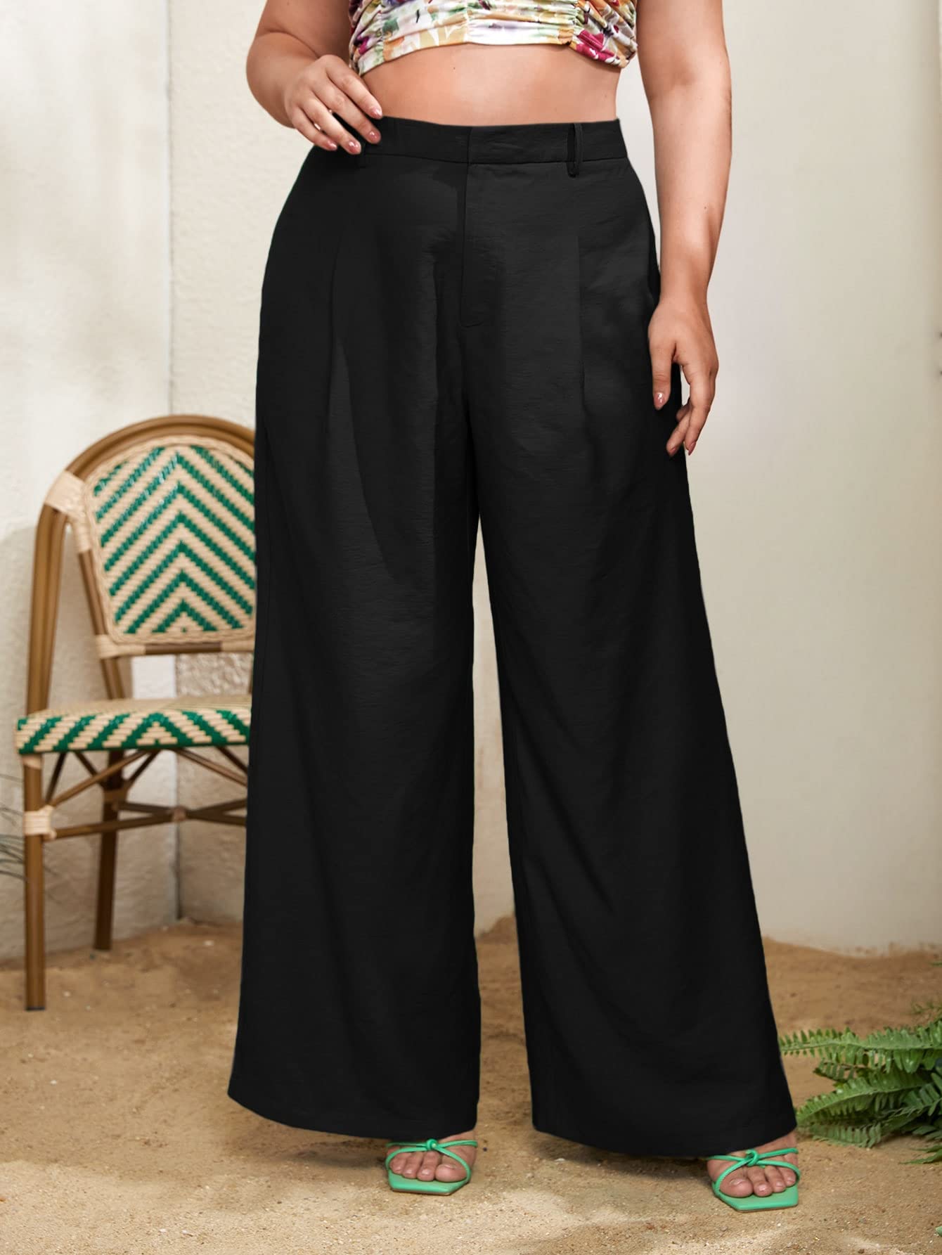 Womens Plus Size Fashion Casual Pants Plus Fold Pleated Wide Leg Pants Leisure Comfortable Fashion Special Novelty Color