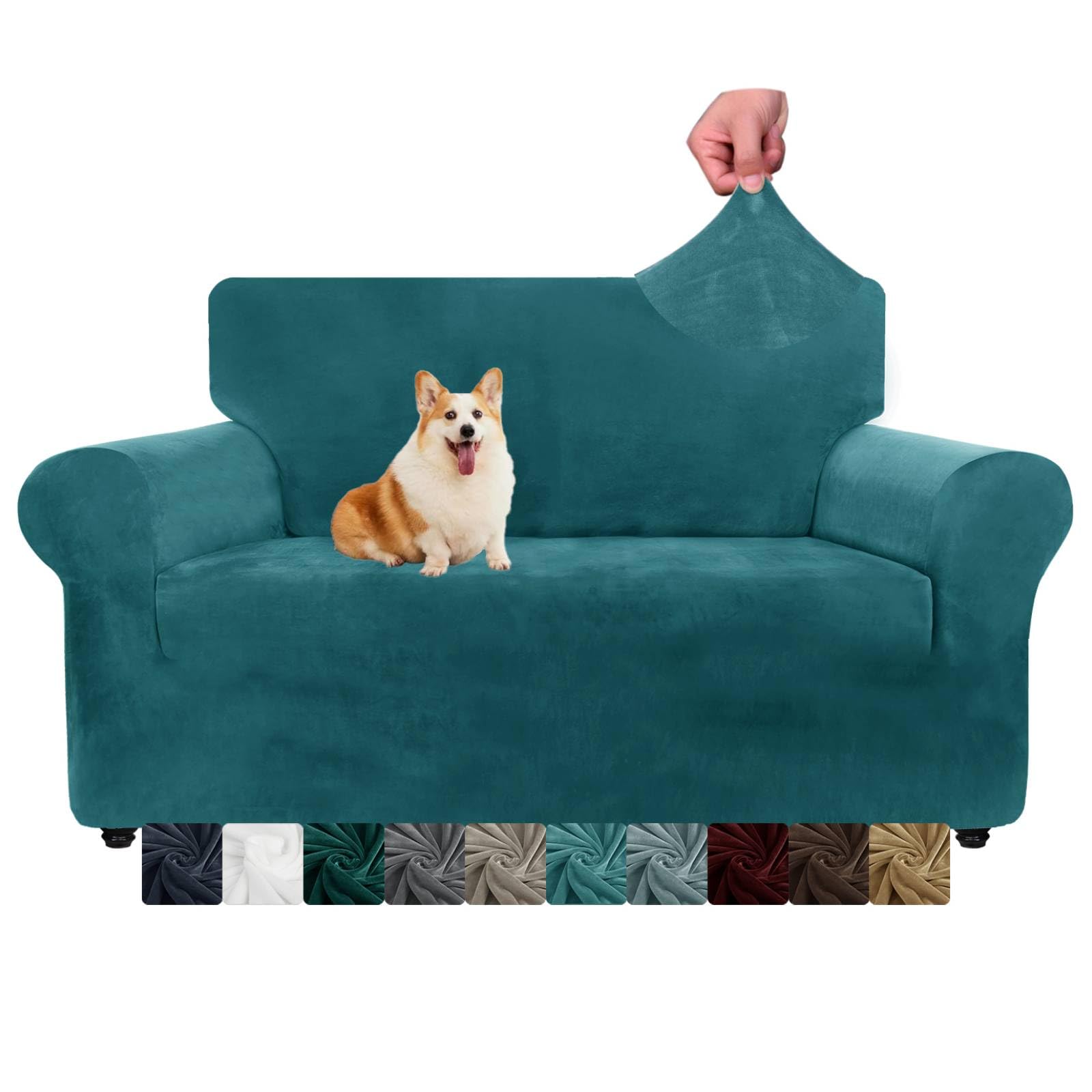 CHELZEN Copridivani in velluto Copridivano elastici spessi a 2 posti per cani animali domestici Fodera per divano Love Seat Protezione per mobili per soggiorno (2 Posto, Blu Pavone)