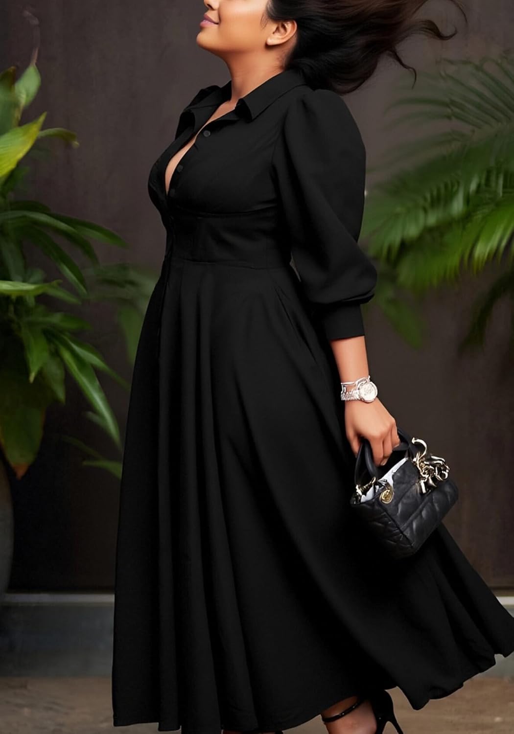 LAJIOJIO Women's Shirt Maxi Dresses Casual,V Neck Button Down Long Sleeve Swing Pleated Dress with Pockets - Image 3