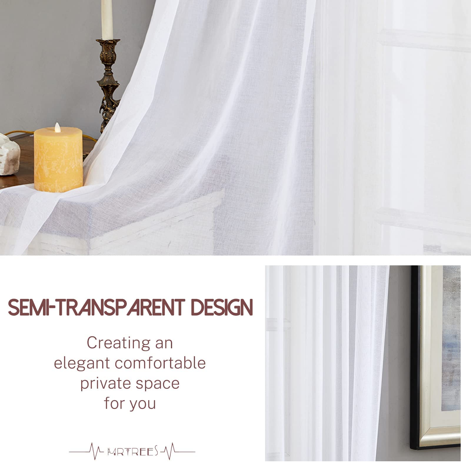 Rideau De Cuisine Semi-transparent - 2 Pièces 63.5x91.5cm - Voilage Blanc Polyester