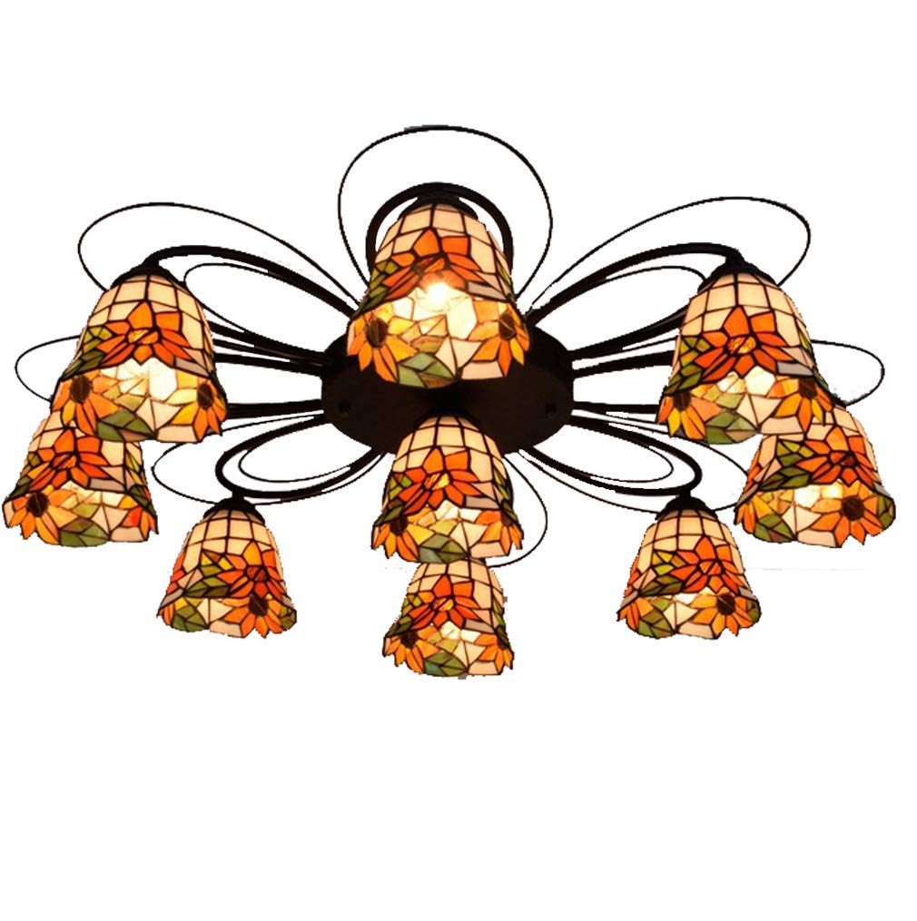 YNIYUJKL Idyllic Sunflower Ceiling Lamp Tiffany-Style 9-Heads Ceiling Lights Stained Glass Decoration Chandeliers E27 Used For Living Room Dining Room Bedroom