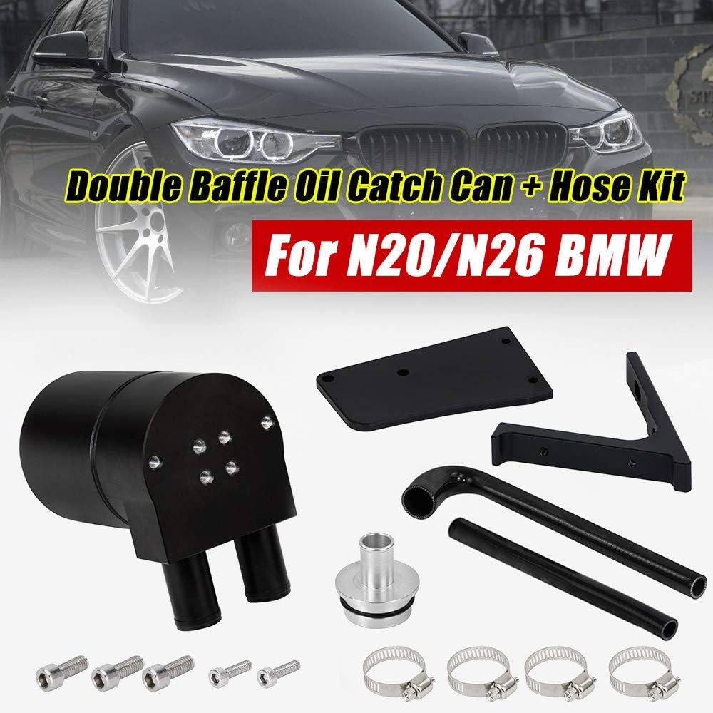 PQYRACING PQY Black Aluminum Alloy Reservior Oil Catch Can Tank with Silicone Radiator Hose Compatible with BMW N20/26