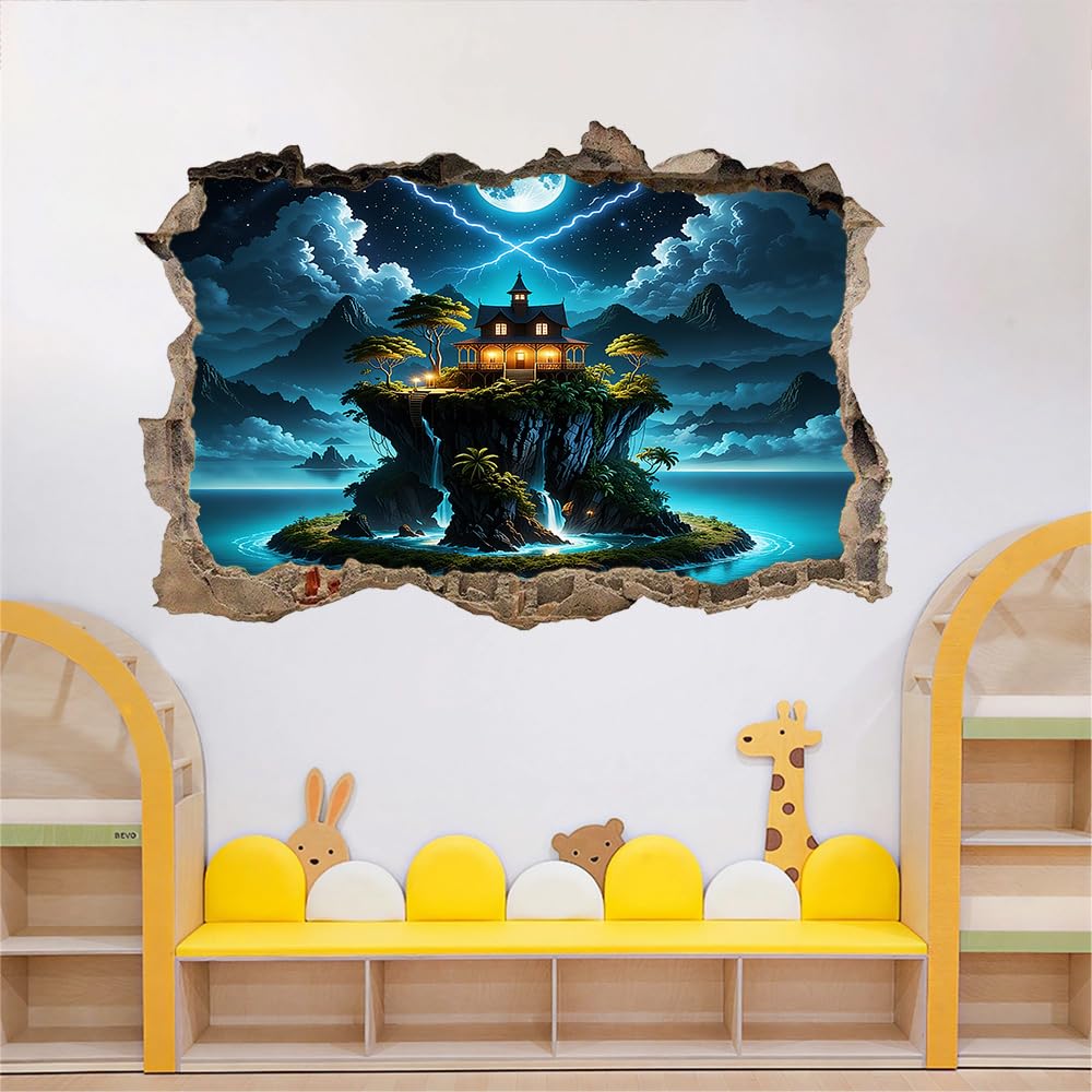 3D Durchbruch Wandtattoo Mädchen Kinderzimmer Inselhäuser Wandaufkleber Dekorative Landschaft Am Moon Mountain Lake Wandsticker für Junge Teenager Zimmer Wohnzimmer Schlafzimmer Wandbilder Deko