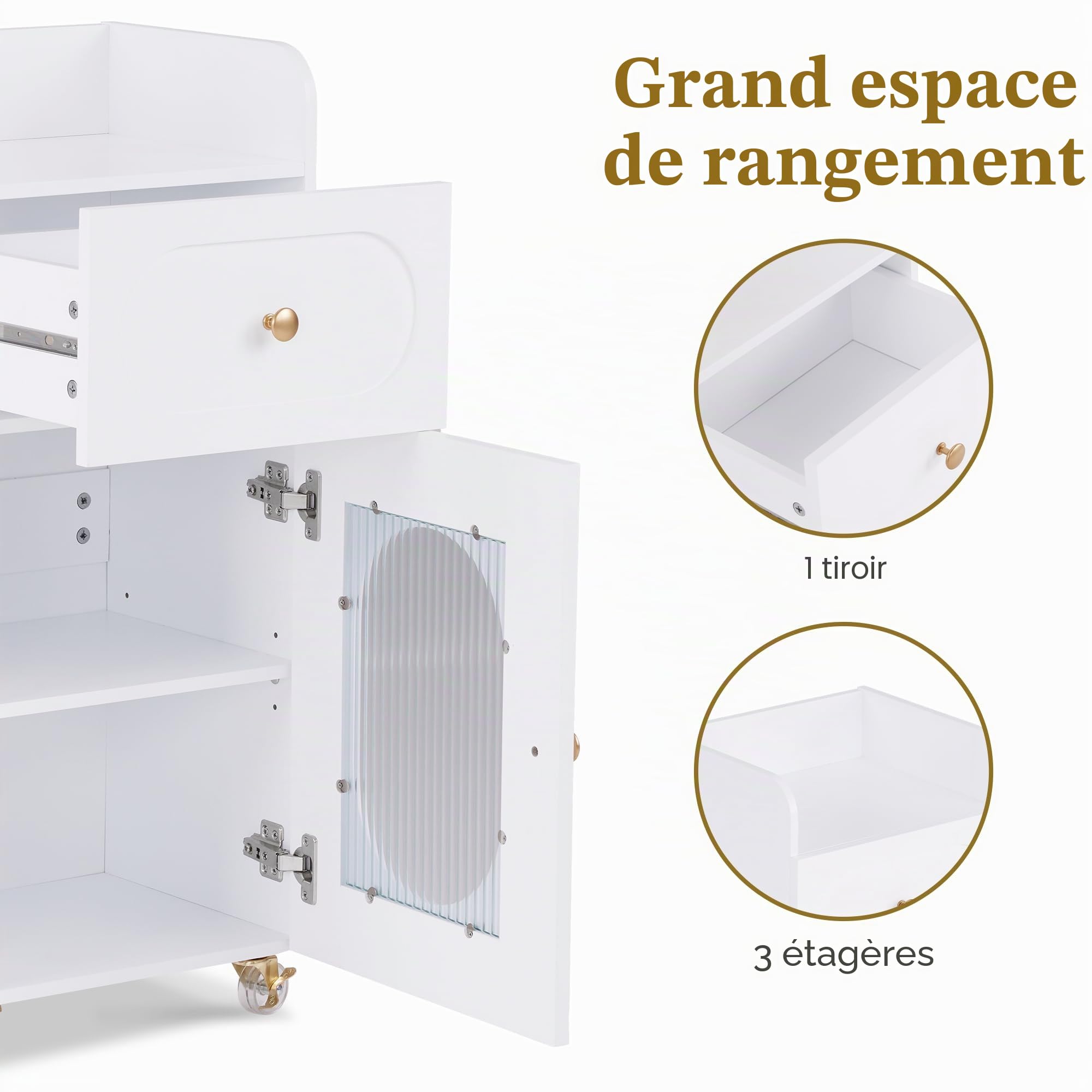 M MCombo Chariot de coiffure avec roulettes et tiroirs, chariot de service blanc, chariot de salon avec 3 étagères et support pour sèche-cheveux, 31,4x37x85,5 cm, 0051