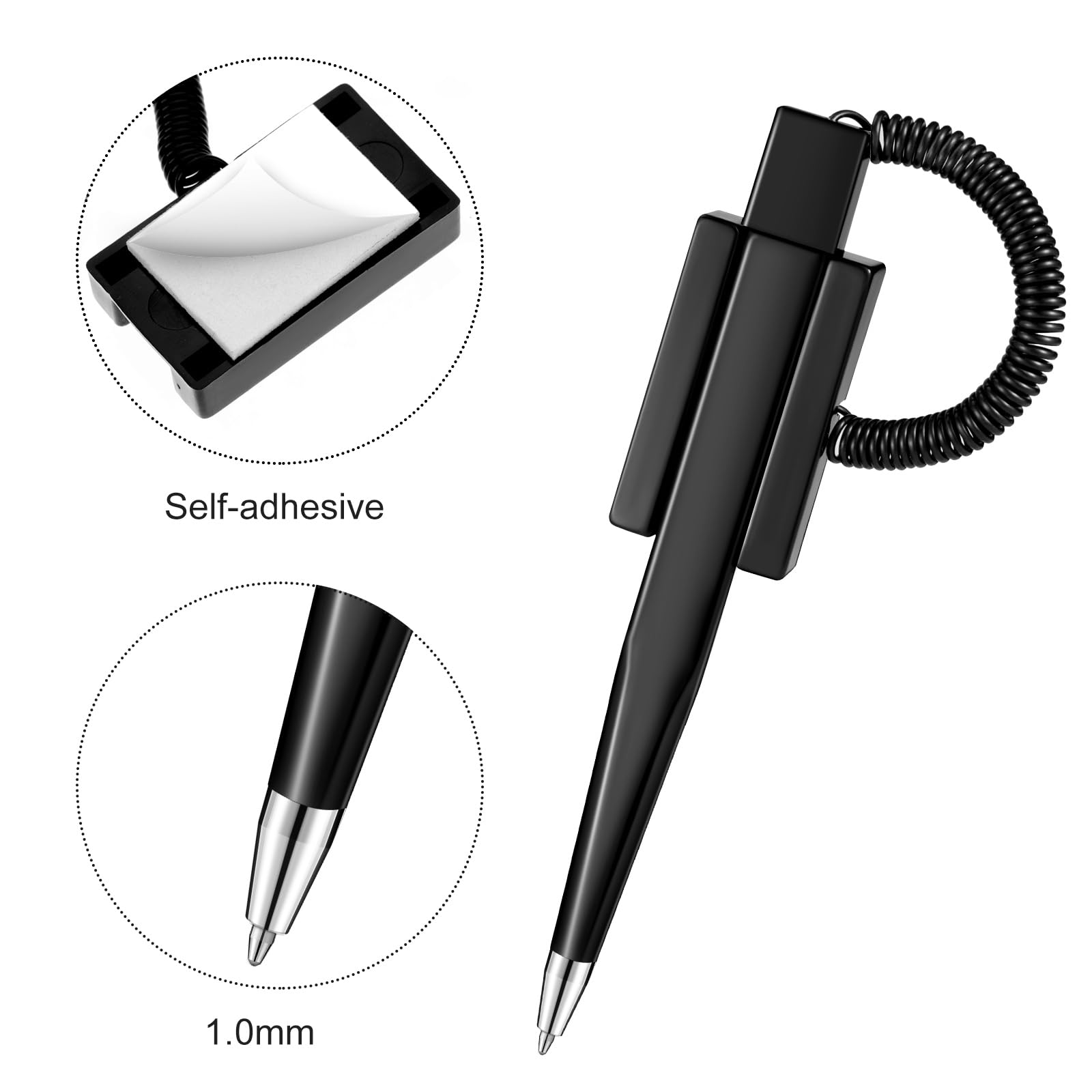 Zonon Lot de 48 stylos de comptoir sécurisés avec chaîne de stylo adhésive, encre noire, base adhésive et bobine en plastique pour la maison, la banque, le bureau, les hôtels