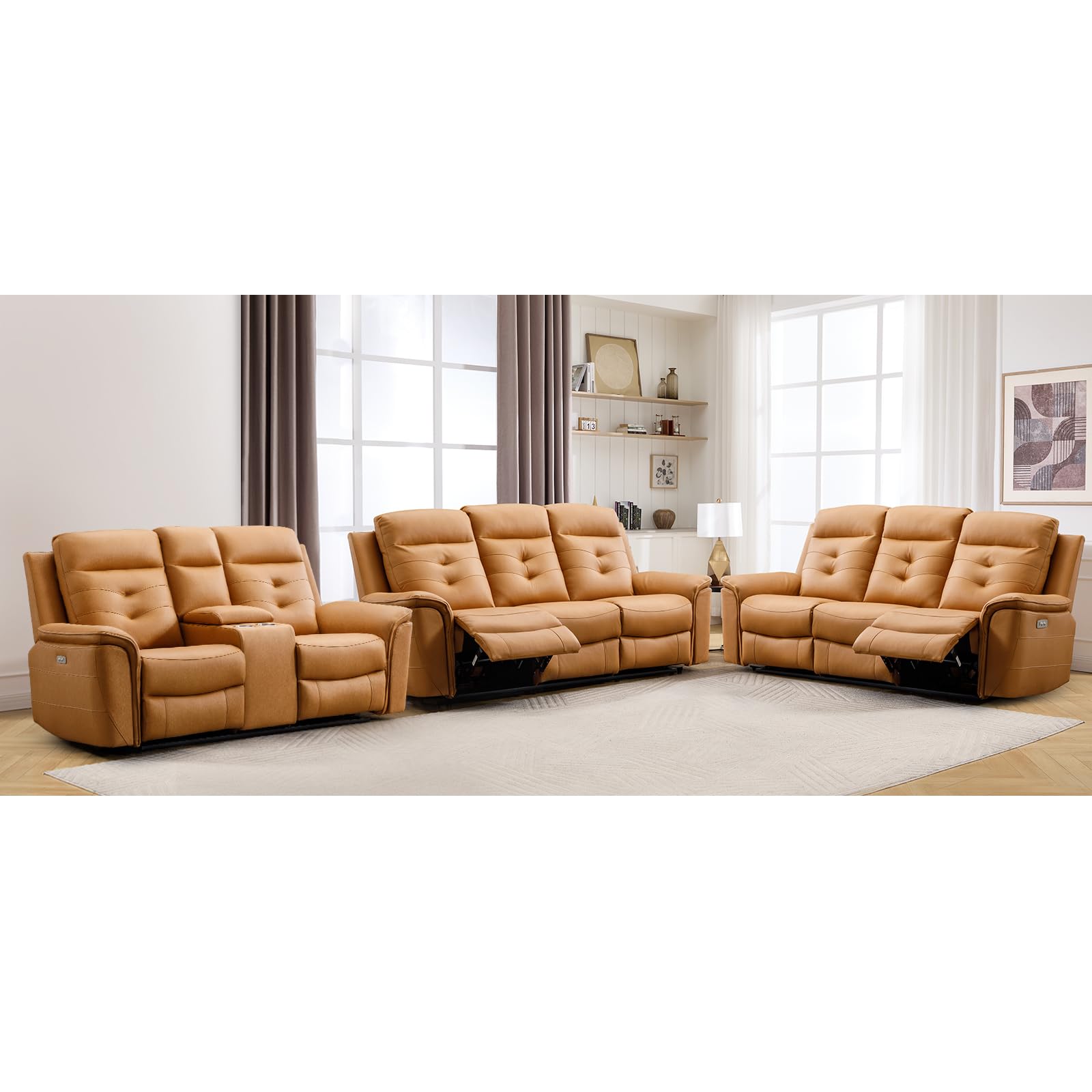 ANJ 3-Piece Faux Leather Power Recliner Sofa Set with USB Charging Ports, Include Loveseat Sofa with Hidden Storage &amp; Cup Holders and 2 3-Seater Reclining Couches for Living Room, Yellow