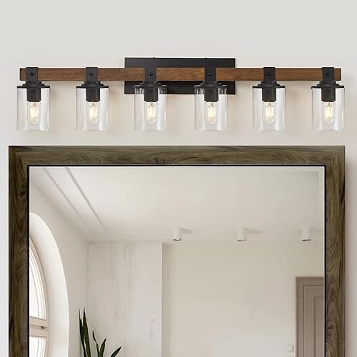 Miniatura 10 de Lámparas de baño rústicas de granja sobre el espejo, iluminación de tocador de madera vintage con vidrio transparente, lámpara de pared industrial
