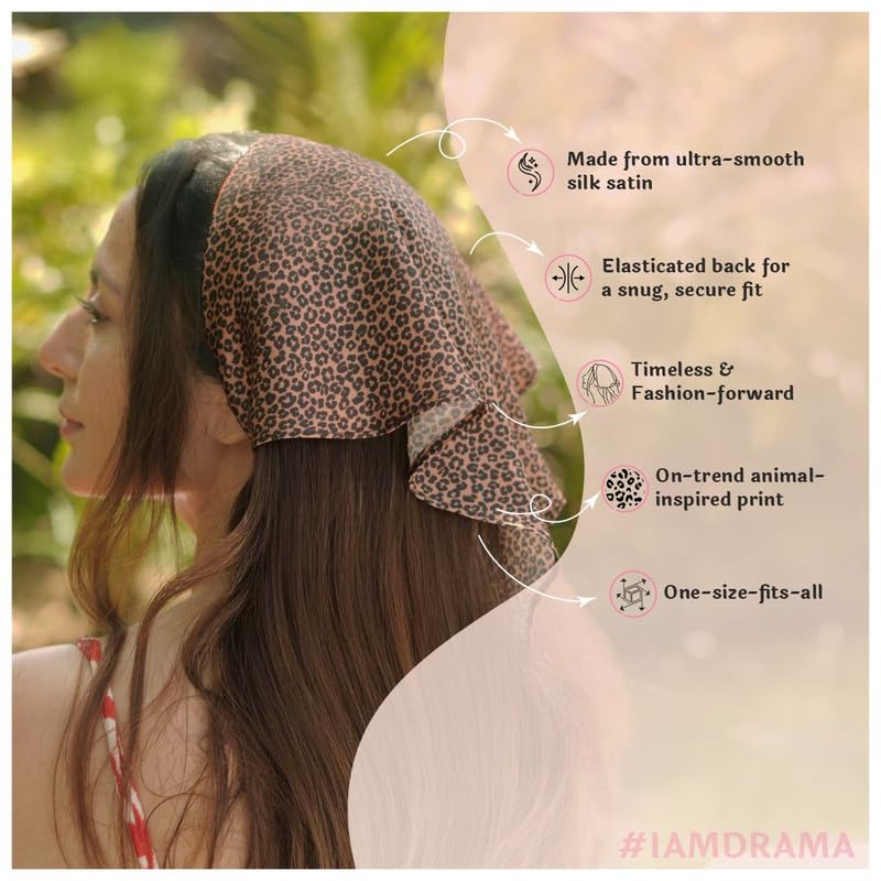 Image of Hair Drama Co. Elastic Bandana Head Scarf for Women | Silk Satin Head Wrap Bandana Scarves | Boho Style Statement Headband Stylish Design | All Day Wear Scarves | Hair Scarf Accessories