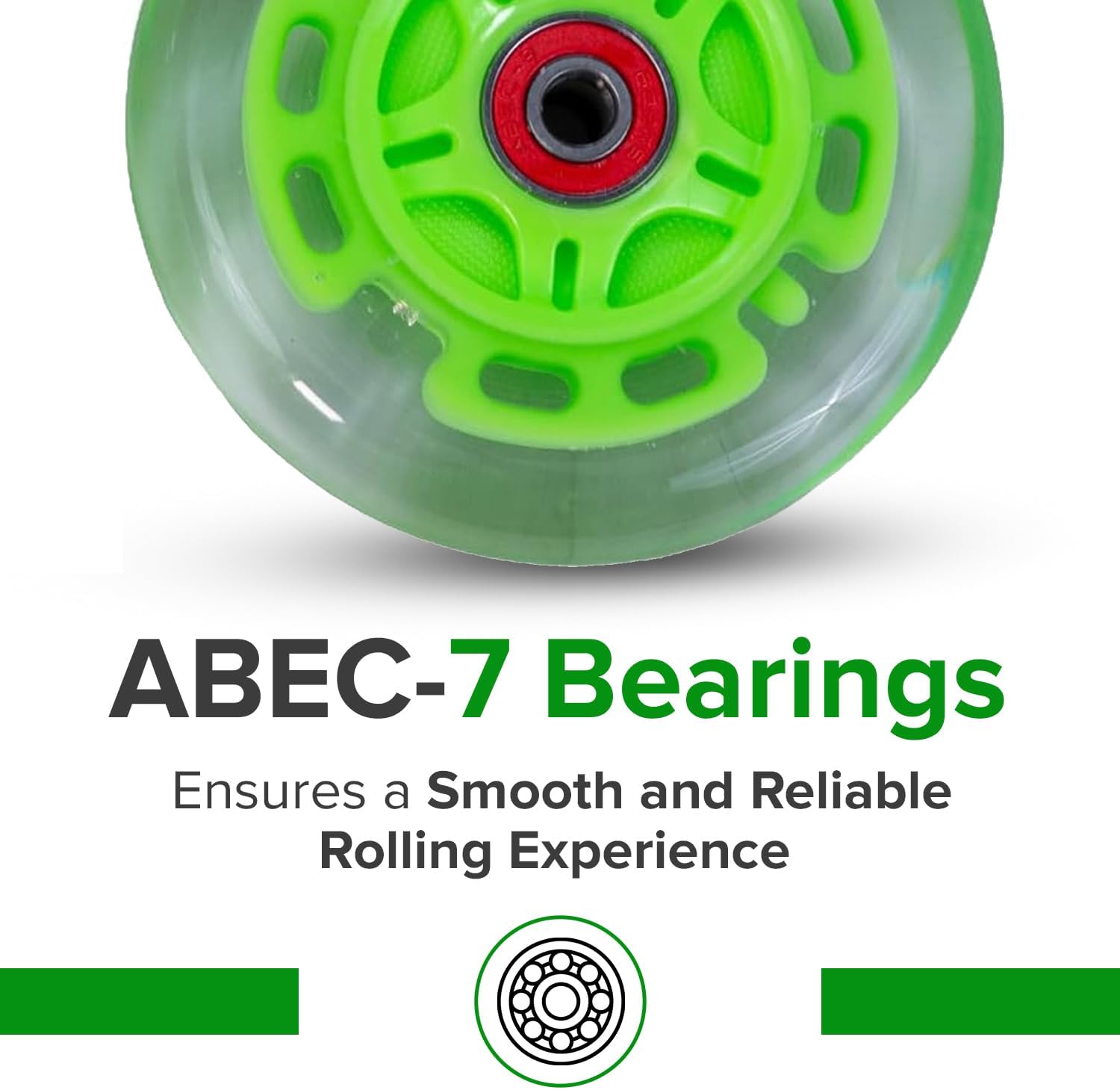 AlveyTech Green 100 mm (98 mm Replacement) Razor Light-Up Flashing LED Kick Scooter Wheel with Bearings (Set of 2)