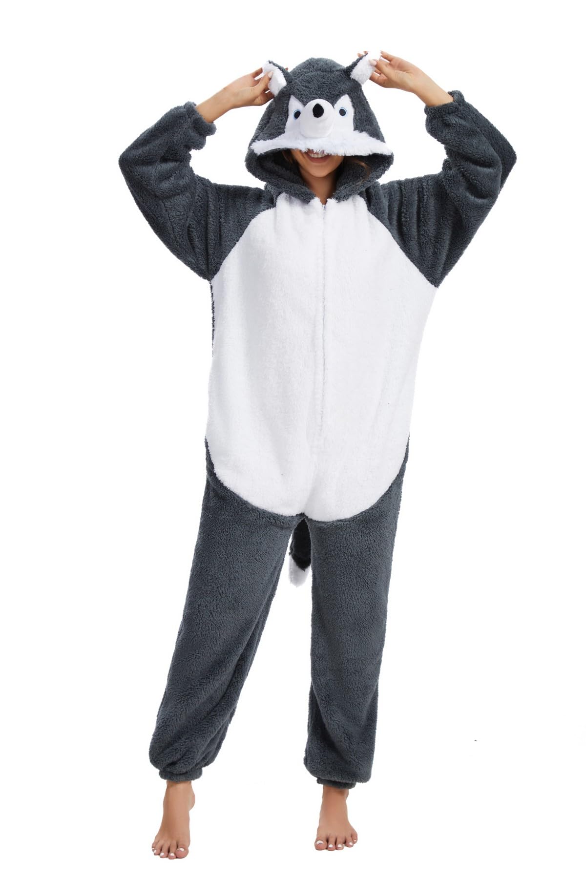 chuangminghangqi Einteiliger Schlafanzug Unisex Lang Winter Einteiler Tierkostüm Erwachsene Kostüm Jumpsuit Damen mit Reißverschlüsse Locker und Bequem Pyjama Fleece Onesie Kleidung Mit Kapuze