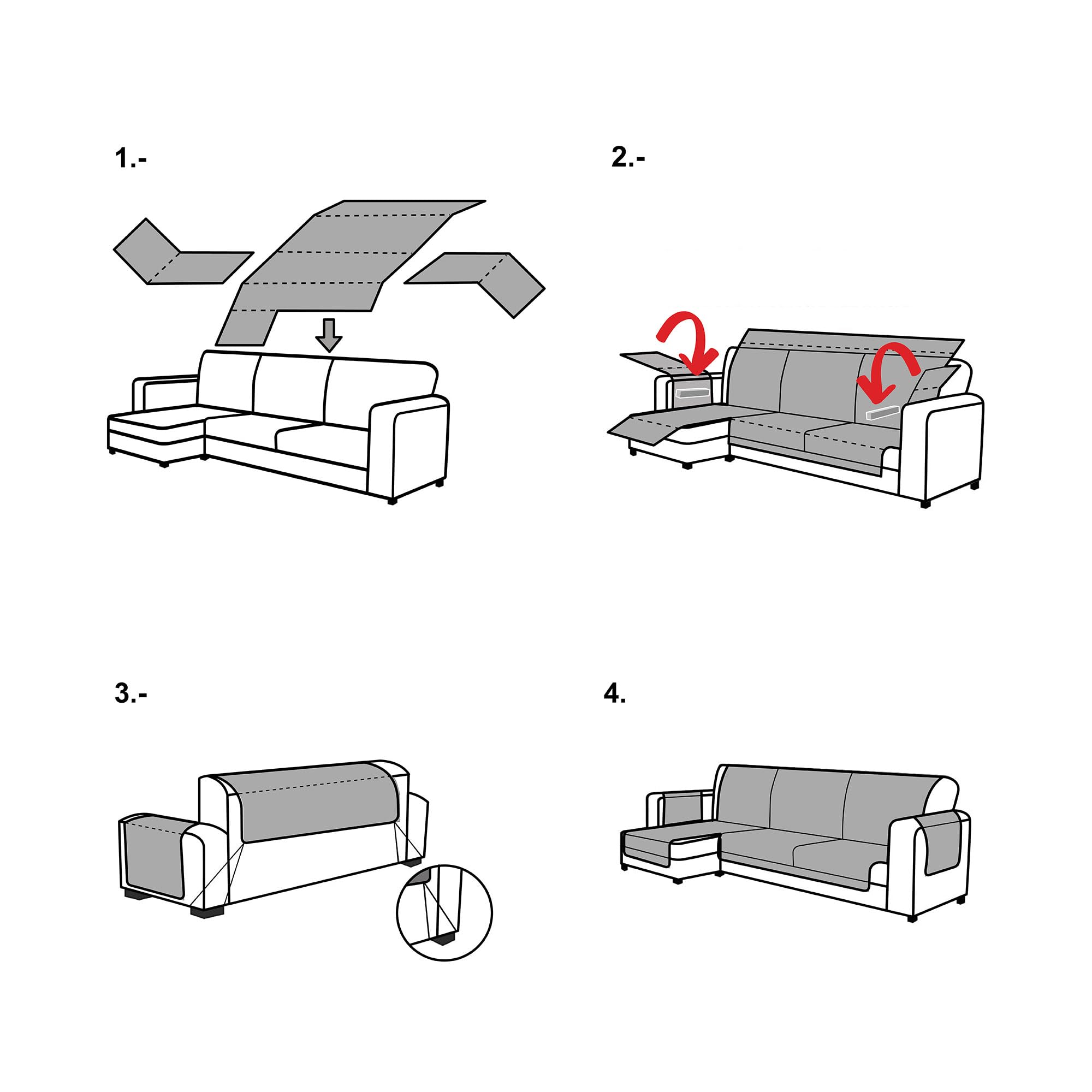 FAVERTI® Cubre Sofá Chaise Longue Brazo Izquierdo 240 (Visto de Frente) | Modelo PEGO | Gris Claro | Chenilla Tacto Extra Suave, Protector Chaise de Calidad Hecho en España con Material Reciclado