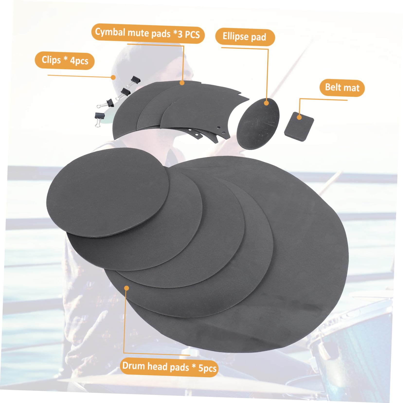 Kisangel 14Pcs Drum Mute Cushion for Drums and Cymbals Sound Dampening Pads Easy to Install Drum Accessories Black Drum Head Pads for Quiet Practice
