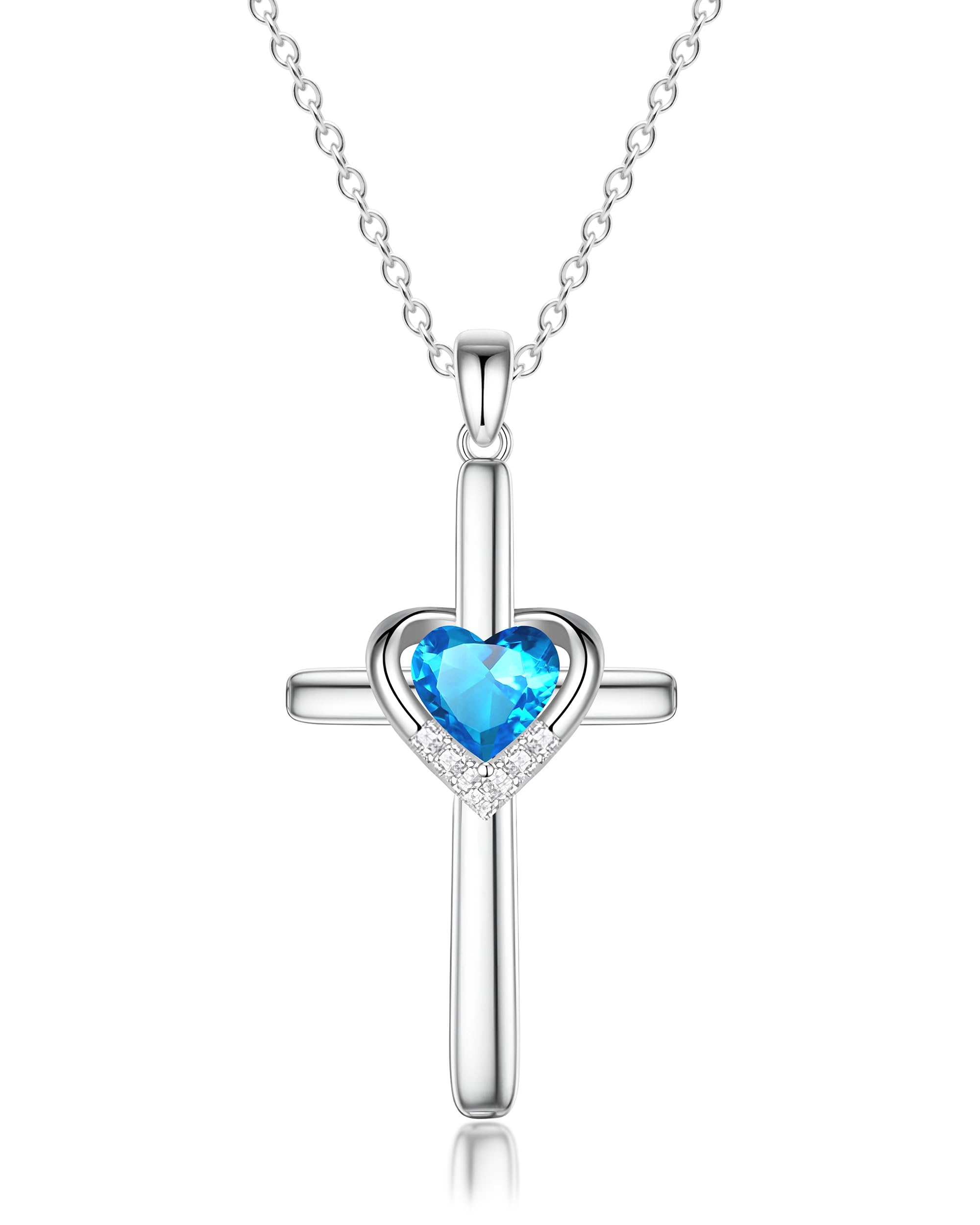 Cross Necklace with Genuine Heart Birthstone for Women, Love and Faith, Birthday Gifts for Her