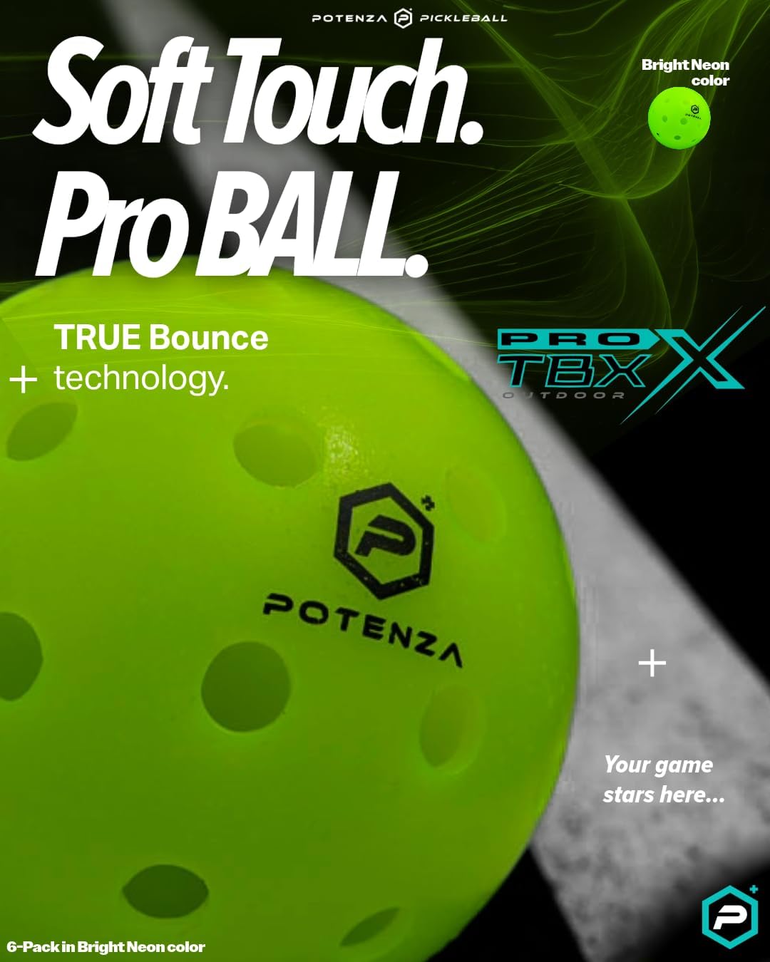 POTENZA TRUEBOUNCE TBX Pickleball Outdoor Ball (6-Pack) - NEON