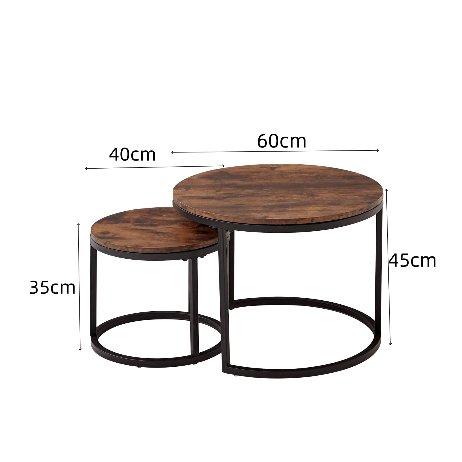 Juego de 2 Mesa de Centro, Mesa Auxiliar Redonda Apilable para Sala de Estar, Patas de Metal, Adecuada para Sala de Estar, Cafetería, Salón (60 * 45 cm y 40 * 35 cm) - Vintage