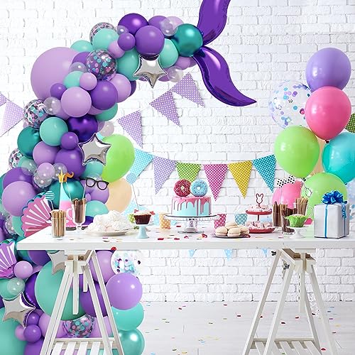 Image of RUBFAC Purple Party Balloons, Purple and Teal Balloons, 65pcs Metallic Purple Green Blue Confetti Latex Balloons for Magic Birthday Party Decorations
