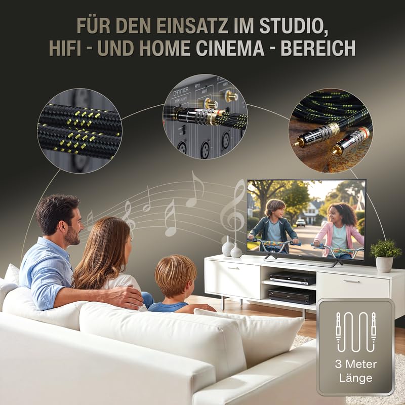 audio pirates by cammica Cinch Kabel 1x RCA Stecker auf 1x RCA Stecker, Audio-Kabel | High-End Audiokabel mit Metallgehäuse & Goldkontakten (3 Meter)