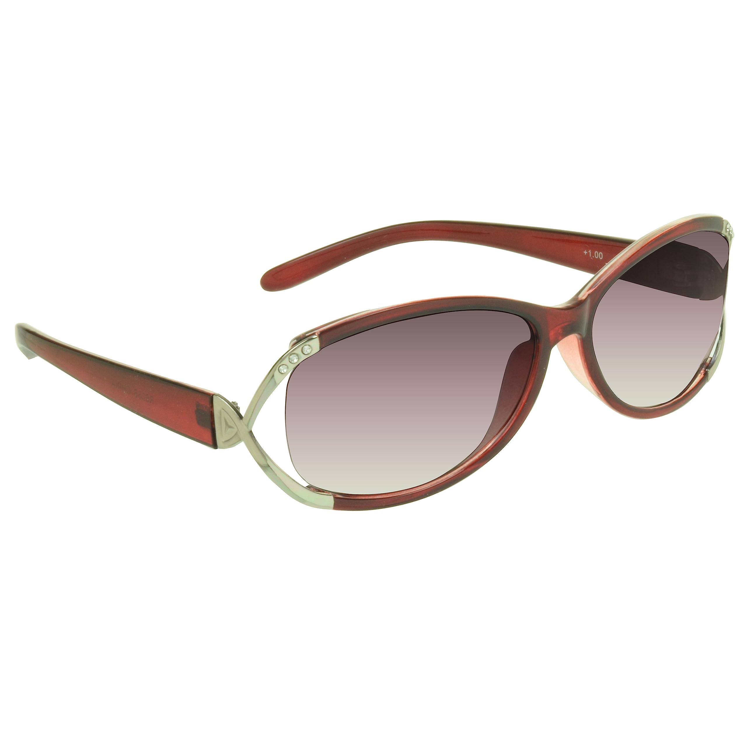 proSPORT Reading Sun Glasses +2.00 Tinted Smoke Lens Red frame with Silver with Rhinestones for Women