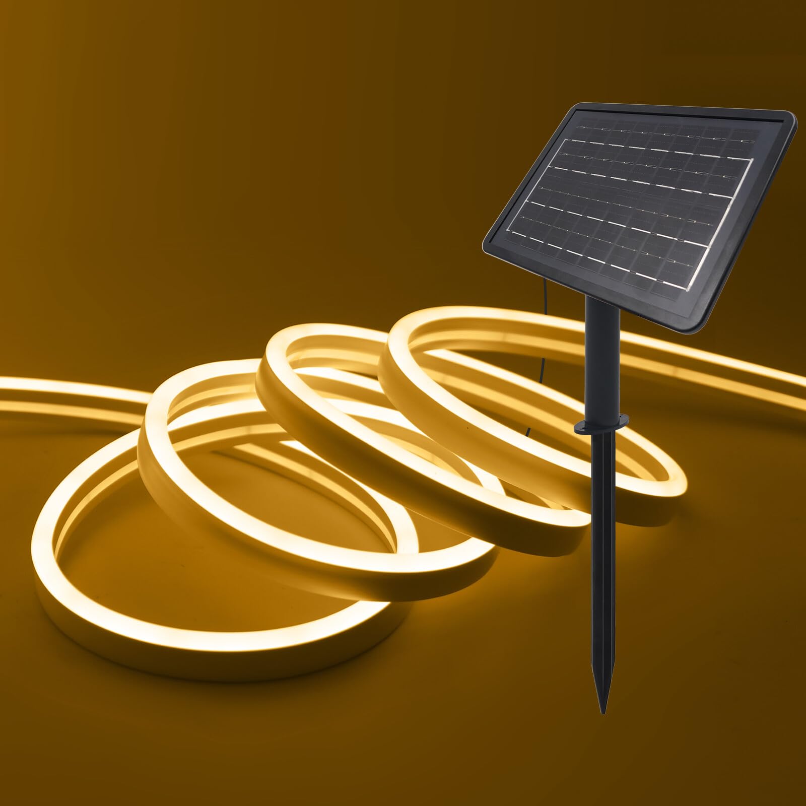 XUNATA Lumière au néon LED Solaire, 2835 120LEDs/m Etanche IP65, Alimentation USB/solaire LED bande Néon lumière, 8 modes, Flexible Bande lumière pour Clôture, Jardin & Cour (Blanc chaud, 10M)