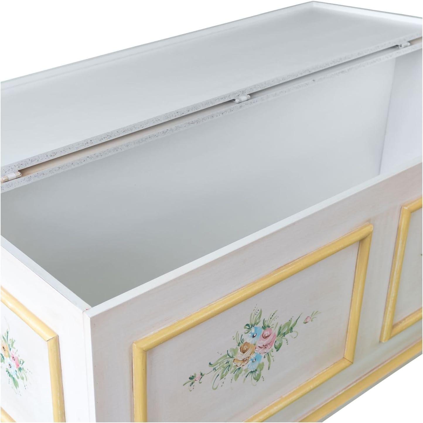 Vicentini arreda CASSAPANCA IN LEGNO SHABBY CHIC MOD CIPOLLA BIANCO DECORATO FILO GIALLO (L 120 P 42 H 50)