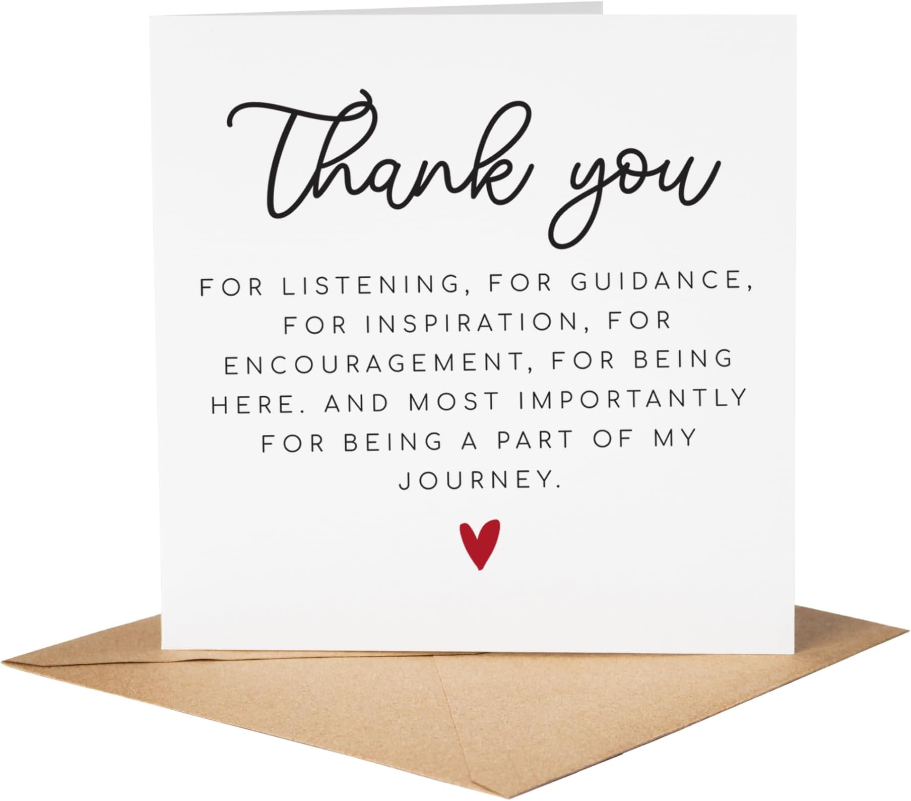 Thank You Card โ Appreciation Greeting Card for Support, Guidance & Encouragement โ Minimalist Modern Design with Red Heart โ 14.5cm x 14.5cm with Kraft Envelope