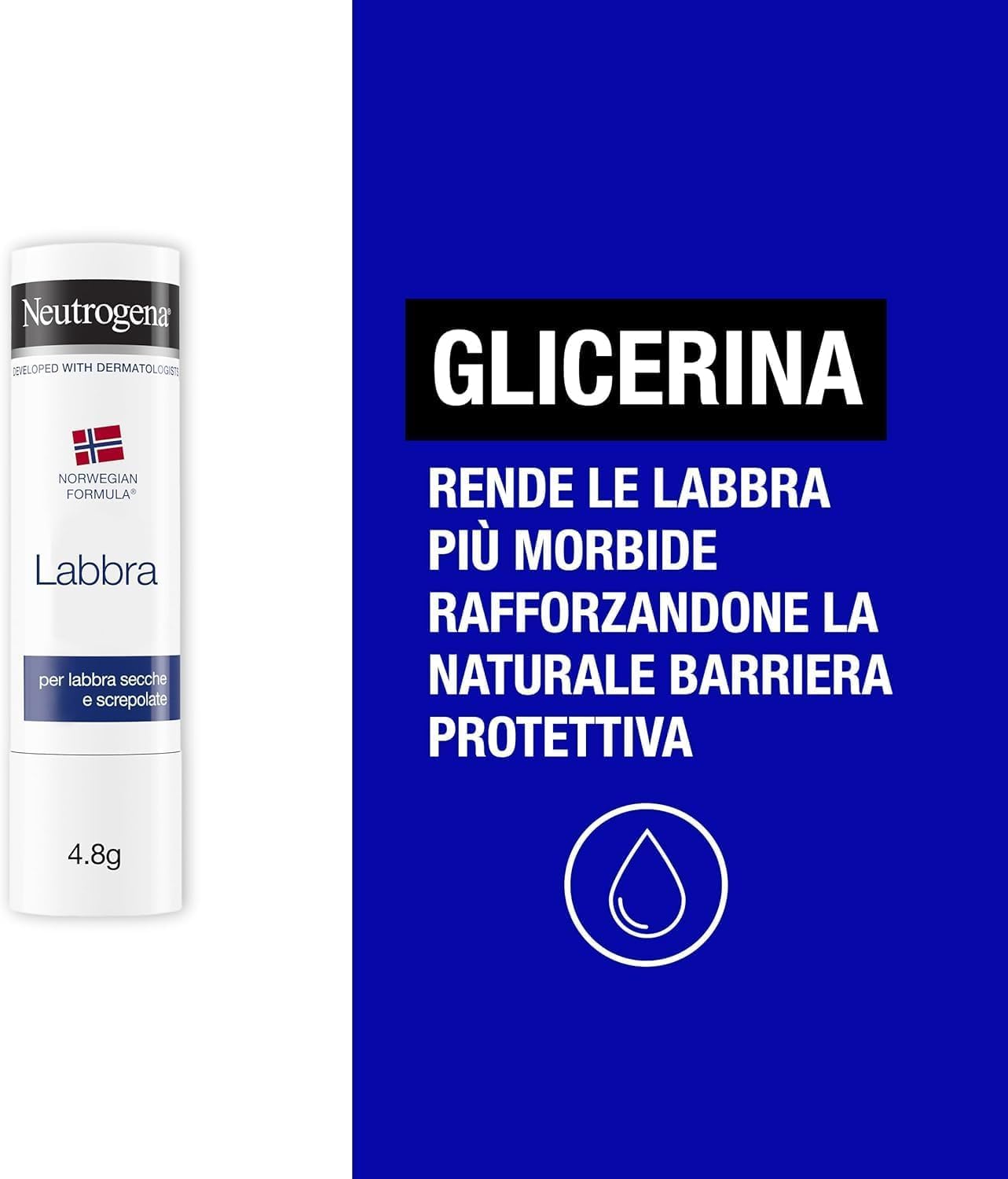 Neutrogena Formula Norvegese Balsamo Labbra Stick 4.8 g, Burrocacao protettivo per labbra secche, Idratante con Glicerina