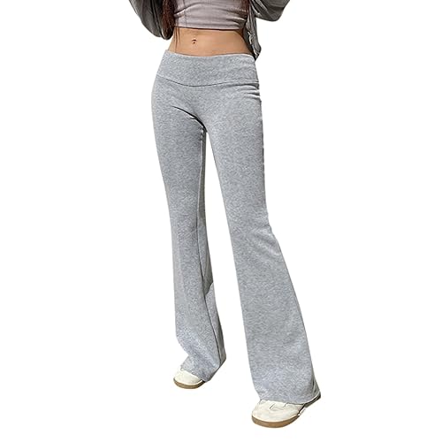 Schlaghose Damen Low Waist Yogahose Skinny Flared Yoga Pants Y2k Stoff Bootcut Hose Sexy Stretch Hüfthose Bellbottoms Leggings Leichte Strandhose Lang Jogginghose - 05 Grey - M