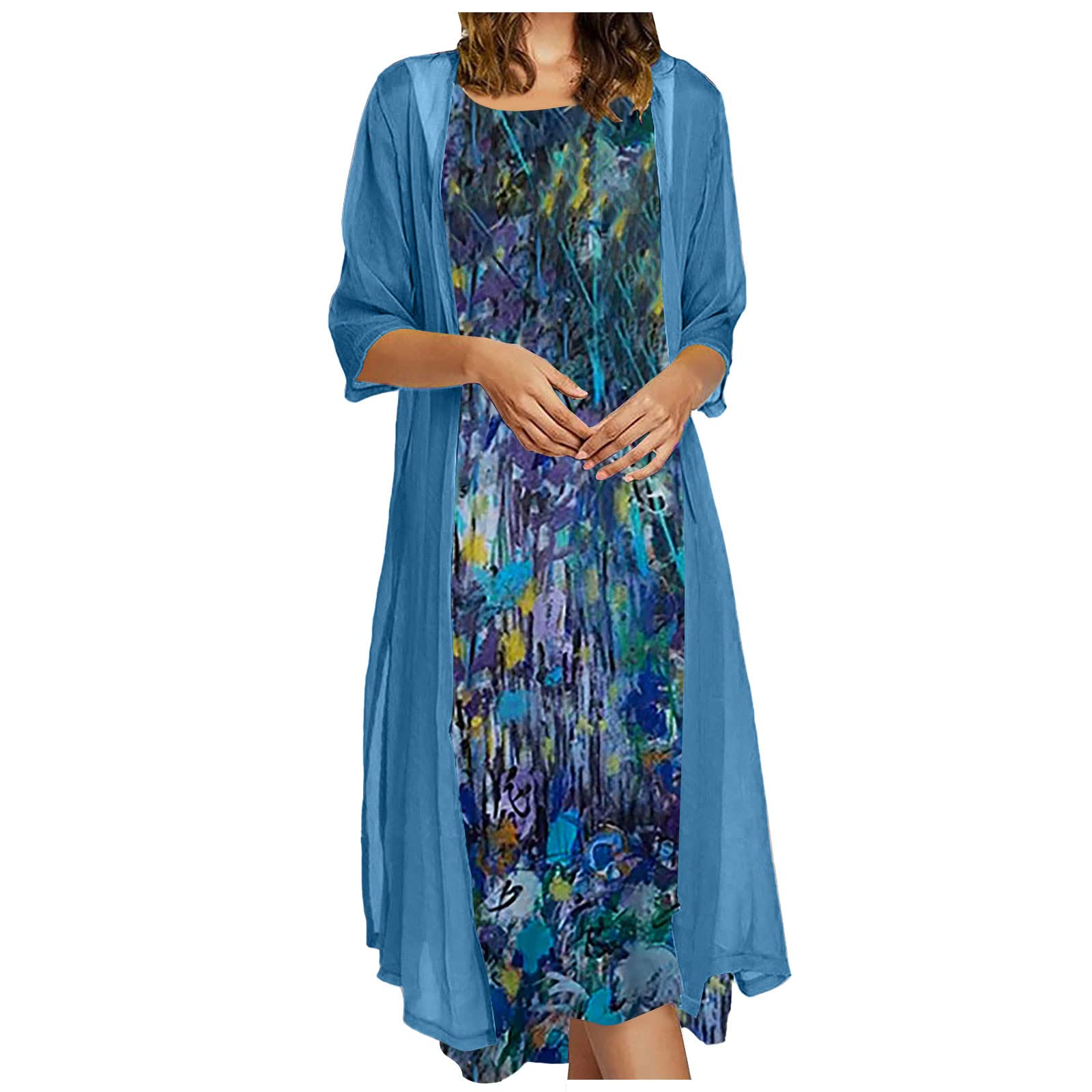 Vintage Print Cocktail Dress Festive Wedding Guest Dresses Evening Dresses  Tulle Cardigan Two Piece Dress for Women