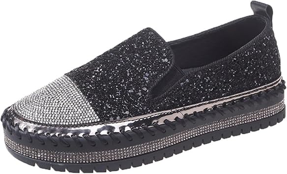HINDOLA Womens Platform Rhinestone Glitter Sneaker Fashion Slip-On Sparkle Bling Flat Loafers Casual Walking Dress Shoes B-black