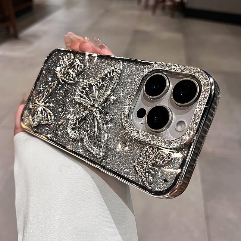 Diamond 3D Butterfly Glitter Case for iPhone 16 15 14 13 12 Pro Max Plating Gradient Transparent Cute Women Girl's Bling Cover (Silver,for iPhone 15 Pro Max)