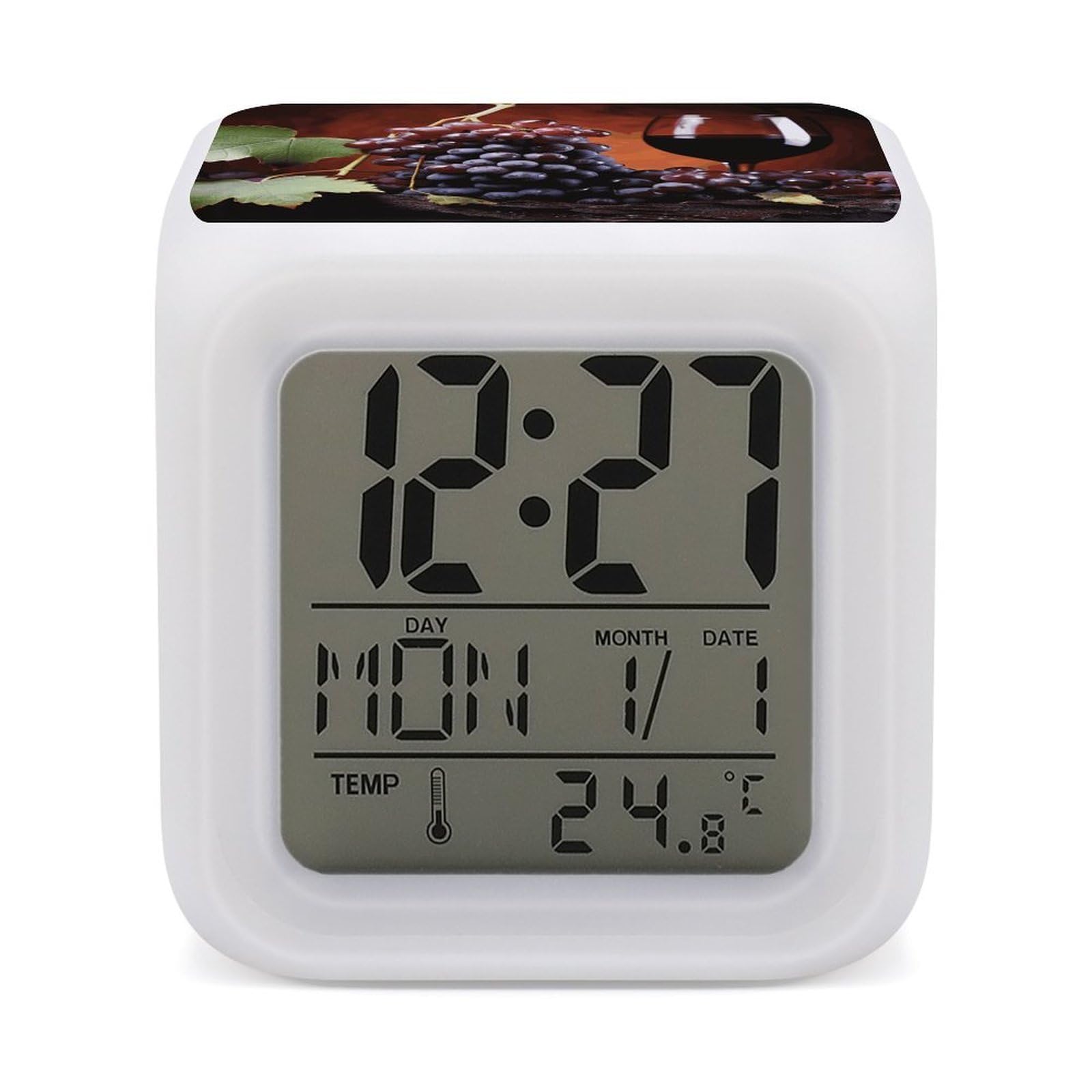 JTREHY Red Wine Grapes Alarm Clock Digital Dimmable Clock for Bedroom LED Display Screen Mini Clocks 7 Color Dimmable Night Lights Time-to-Rise Alarm Clocks for Office Living Room