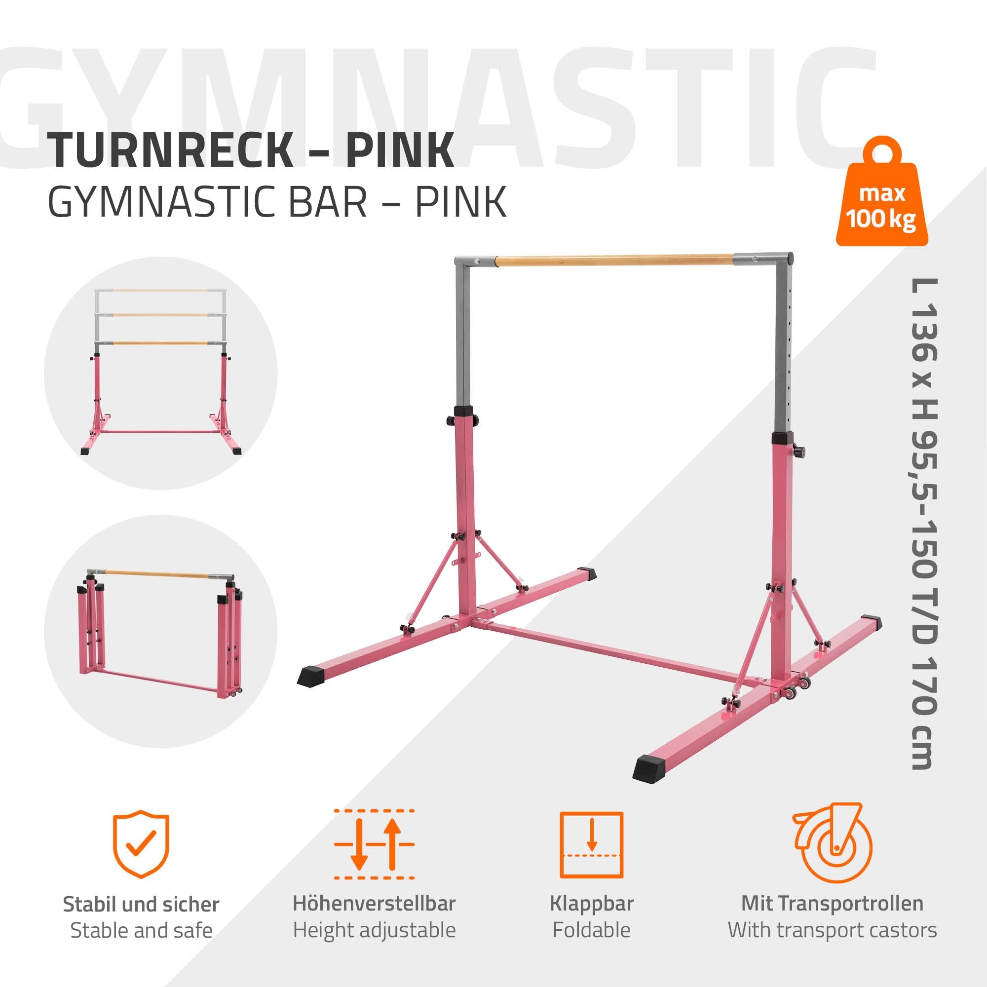 Hauki Gymnastik Turnreck, Gymnastikstange faltbar, Kinder Gymnastics Bar, Reckstange höhenverstellbar 95,5-150 cm, Turnstange aus Holz/Stahl, Trainingsgeräte Indoor/Outdoor, Übungsstange, Heimtraining