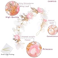 Vista 3 de Campsis Diadema de boda para niña de las flores, diadema de novia de perlas rosas, accesorios para el cabello de graduación de cristal floral