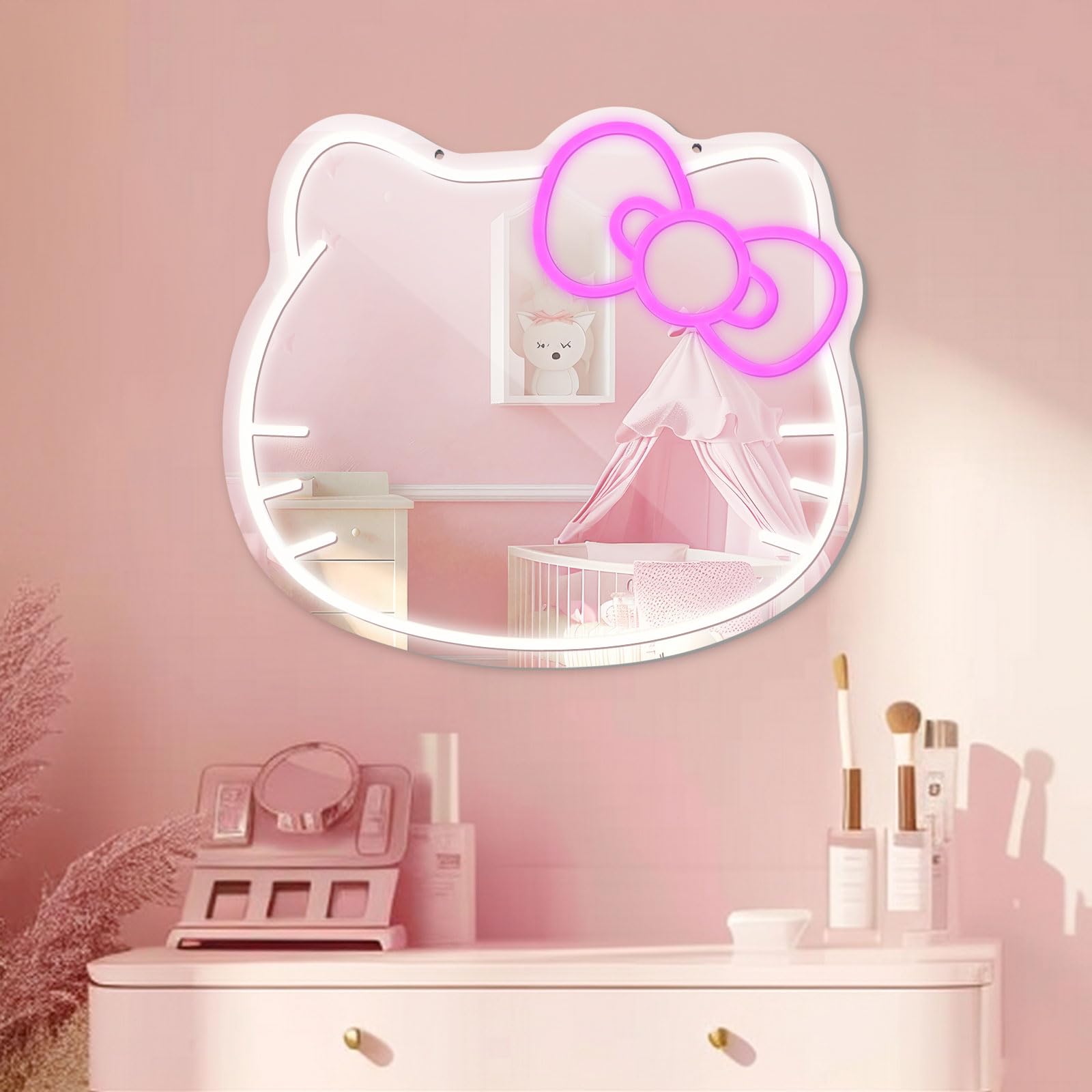 LUXUOSA Neon Sign Mirror Vanity, Stuff Room Decor, Neon LED Wall Mirror for Makeup Mirrors, Bedroom, Teen Girl Children Gift for Birthday Valentine's