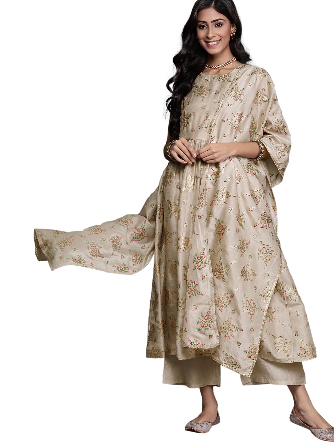 Women's Printed Silk Blend A-Line Kurta With Palazzos & Dupatta