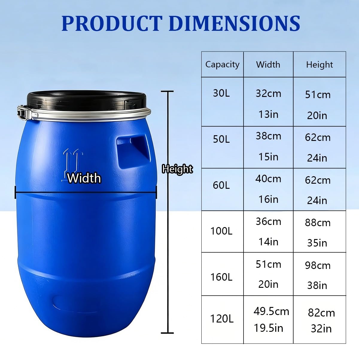 Large Plastic Blue Open Top Storage Barrel Drum Keg with Lid and Latch Ring,Food Grade Plastic Water Storage,Shipping Barrel,for Shipping, Industrial Use and Rain Water Collection(50L)
