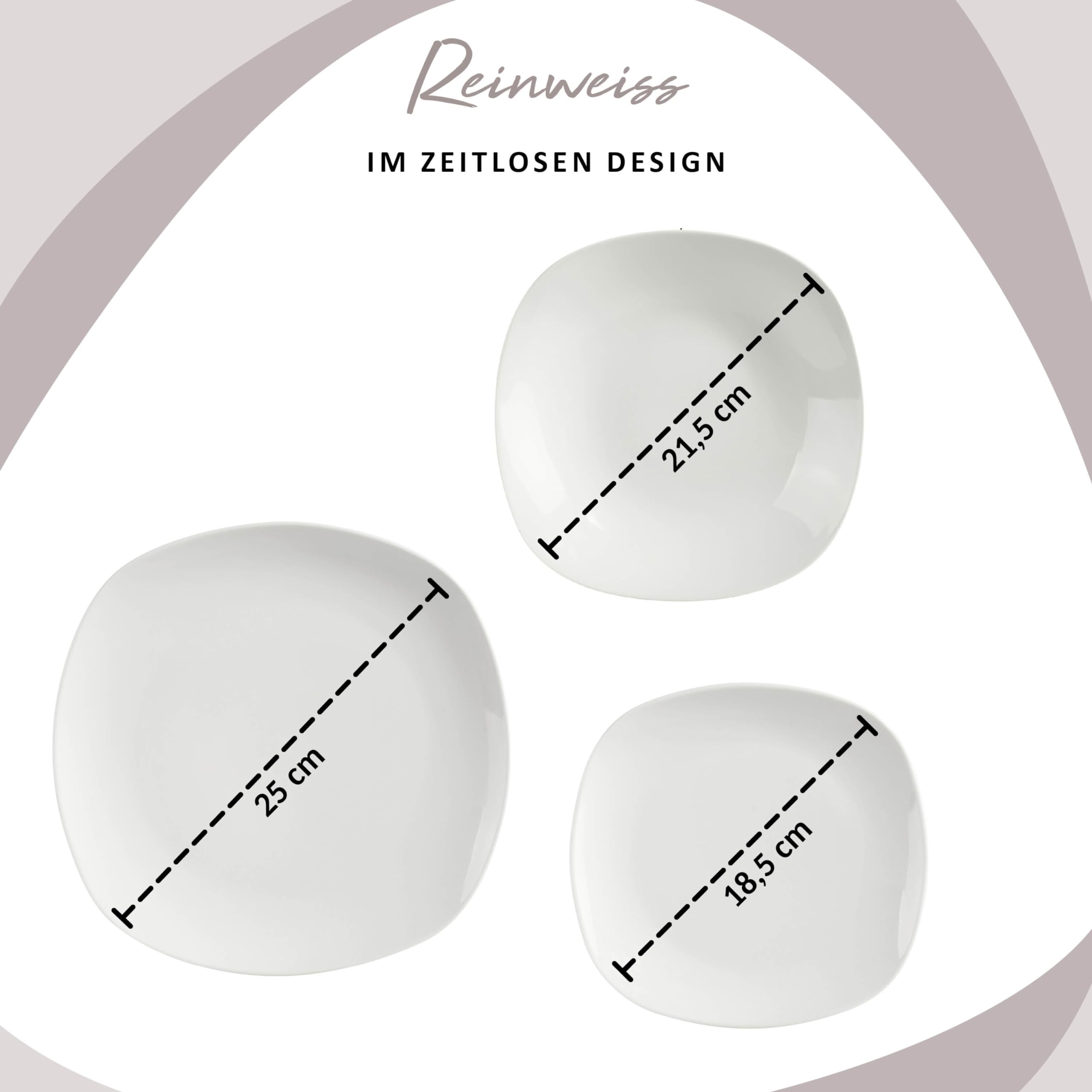 SÄNGER | Service de table Bilgola blanc, 24 pièces en porcelaine pour 6 personnes, set d'assiettes carrées, assiettes plates | Collection Premium