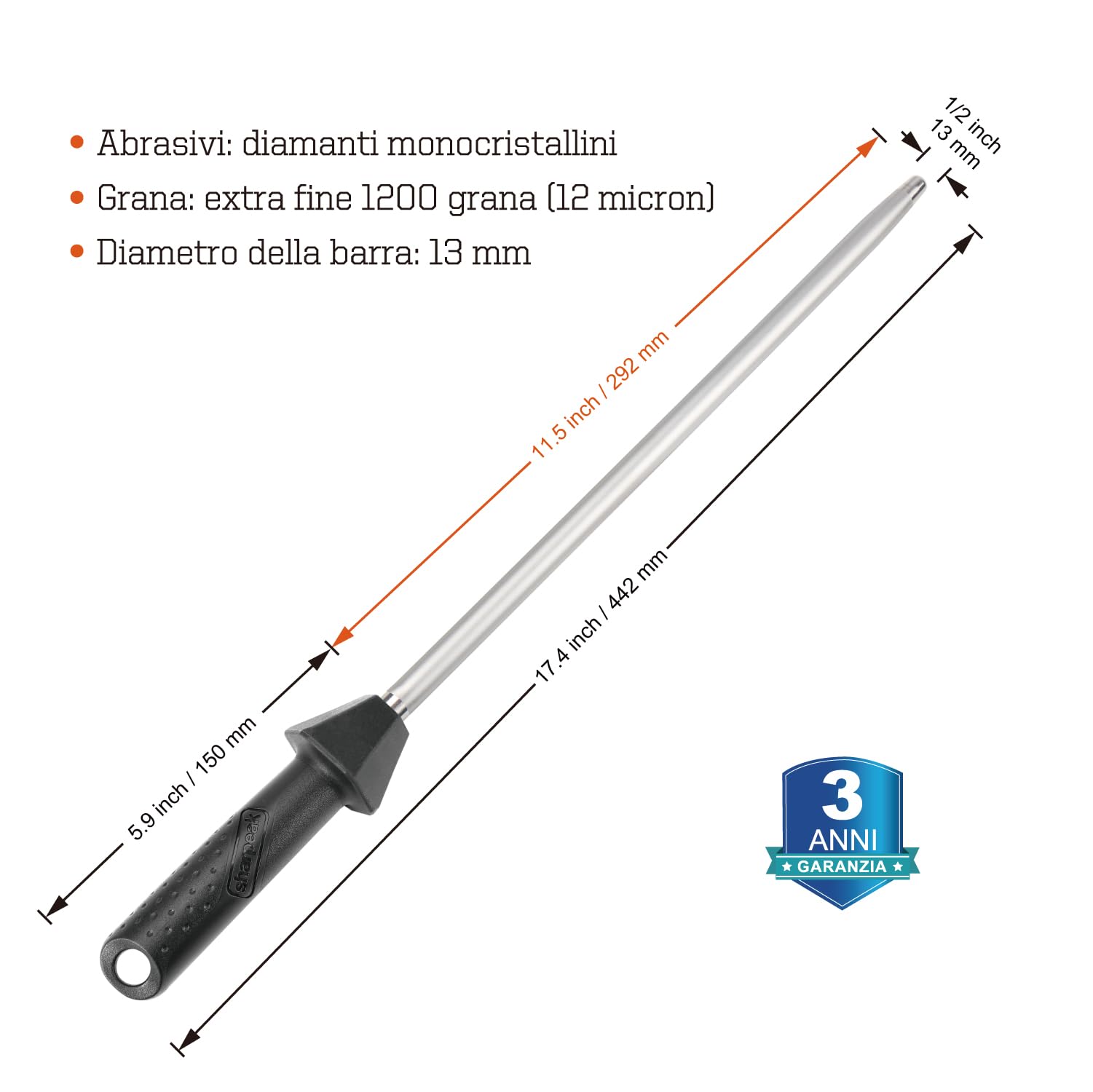 (un marchio di SHARPAL) 110R Totale 45 cm/Asta 30 cm Acciaino Diamantato Monocristallina con Guide Angolari Integrate, Grana Extra Fine 1200, Acciaino Professionale Affilacoltelli in Diamante
