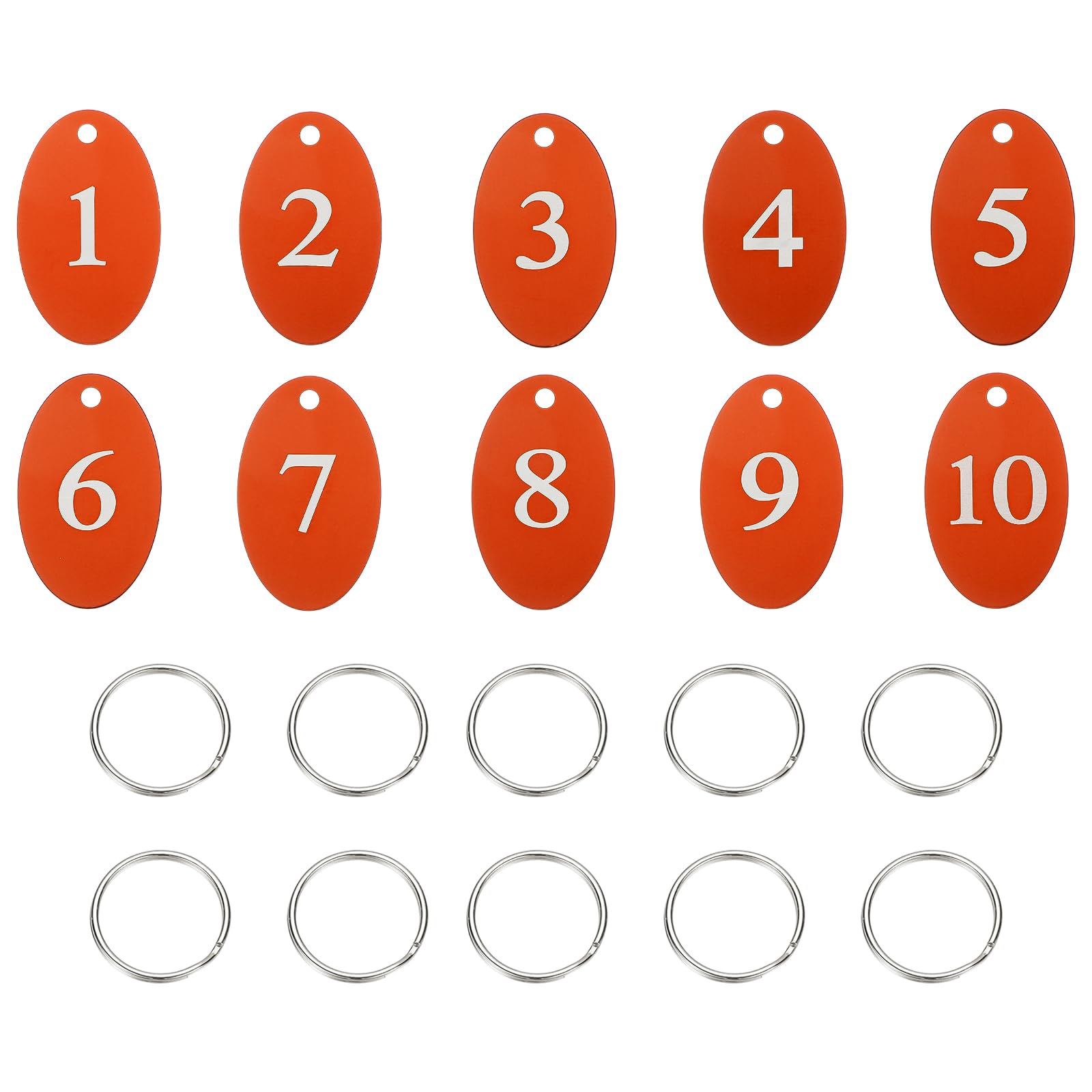 PATIKIL 10PCS Number Tags 1-10, Table Number Key Tags Aluminum Numbered Keychain Metal Oval with Key Rings for Organizer Field Sales Hangers Clothes Labels ID, Orange