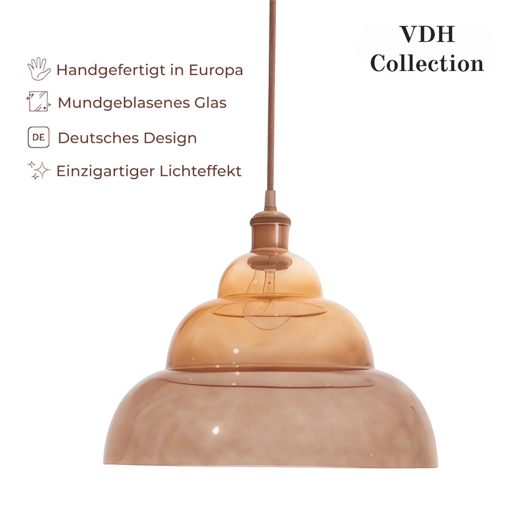 Pendelleuchte HALO (AMBER), Designer Hängeleuchte aus mundgeblasenem Glas Ø35 cm, handgefertigt in Europa, höhenverstellbar für Küche Esszimmer Wohnzimmer & Flur