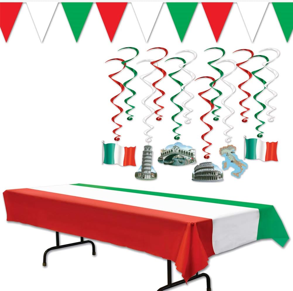 Italy Italian European Party Supplies Decorations Set Kit Pack Whirls with Colosseum Leaning Tower of Pisa Rialto Bridge Venice Red White Green Table Cover Pennant Banner Bundle