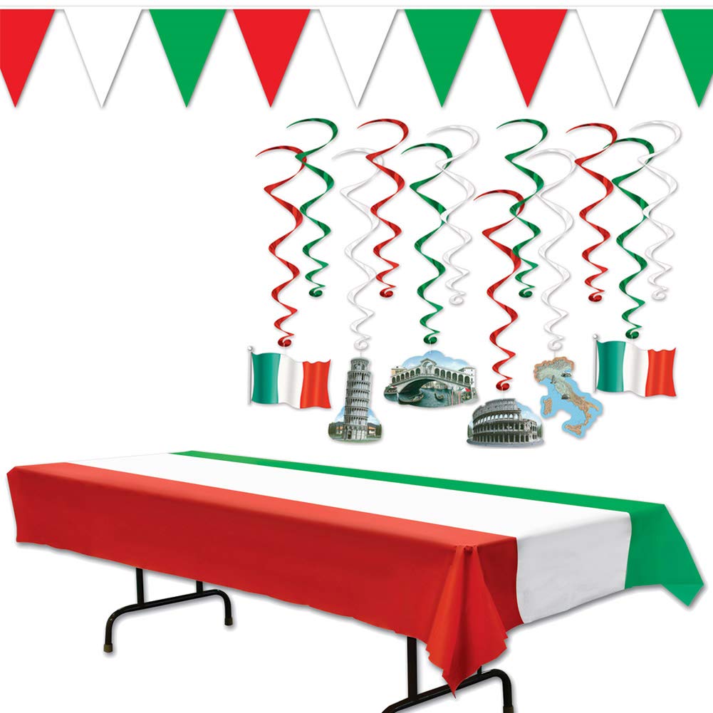 Italy Italian European Party Supplies Decorations Set Kit Pack Whirls with Colosseum Leaning Tower of Pisa Rialto Bridge Venice Red White Green Table Cover Pennant Banner Bundle