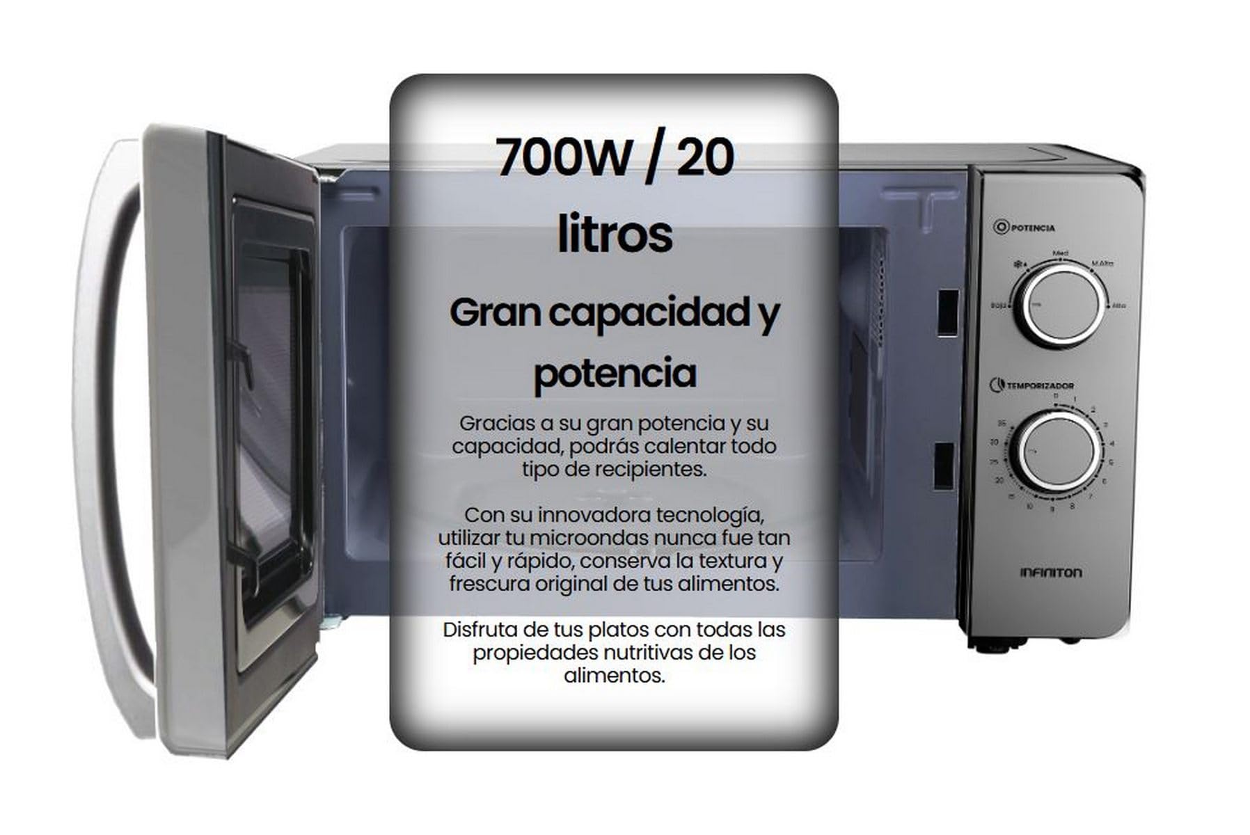 INFINITON Microondas MW-HS2070, 20 Litros, 700 W, Temporizador de 0 a 35 minutos, Función DEFROST, Apertura de puerta con tirador, Plata