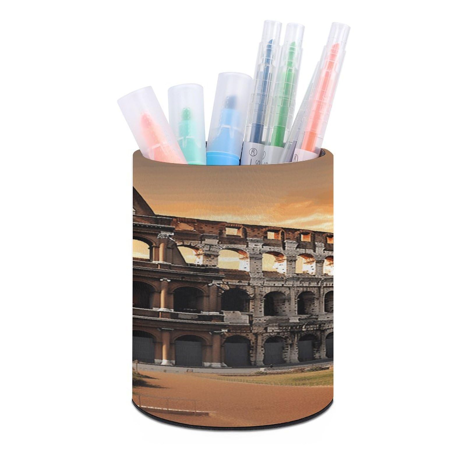 VstaDank Ancient Colosseum Pen Holder PU Leather Pencil Cup Minimalist Desk Pencil Holder Round Make Up Brush Organizers For Office Dorm Room&Vanity Desk Accessories