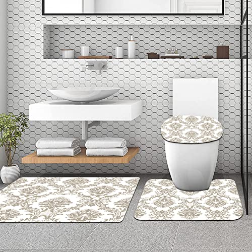 URSOPET Badteppich-Set 3-teilige, rutschfeste,Brown-Damast-Entwurfs-Muster-modernes Rokoko-Barock-schöne Leinwand… – Bild 4