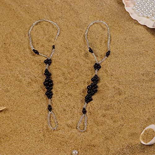 Image of Bohemian Handmade Shell Starfish Barefoot Sandals 2pcs Beach Wedding Foot Chain with Toe Ring for Bride Turquoise Crystal Pearl Beaded Anklet Accessory (Black pearl)